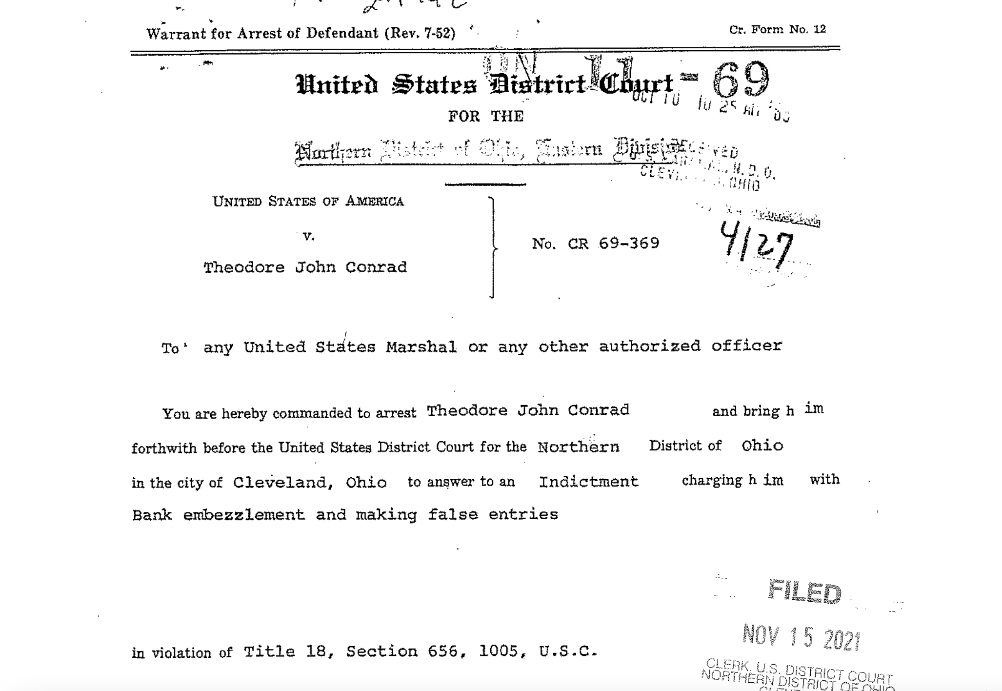 Original arrest warrant for Ted Conrad from 1969