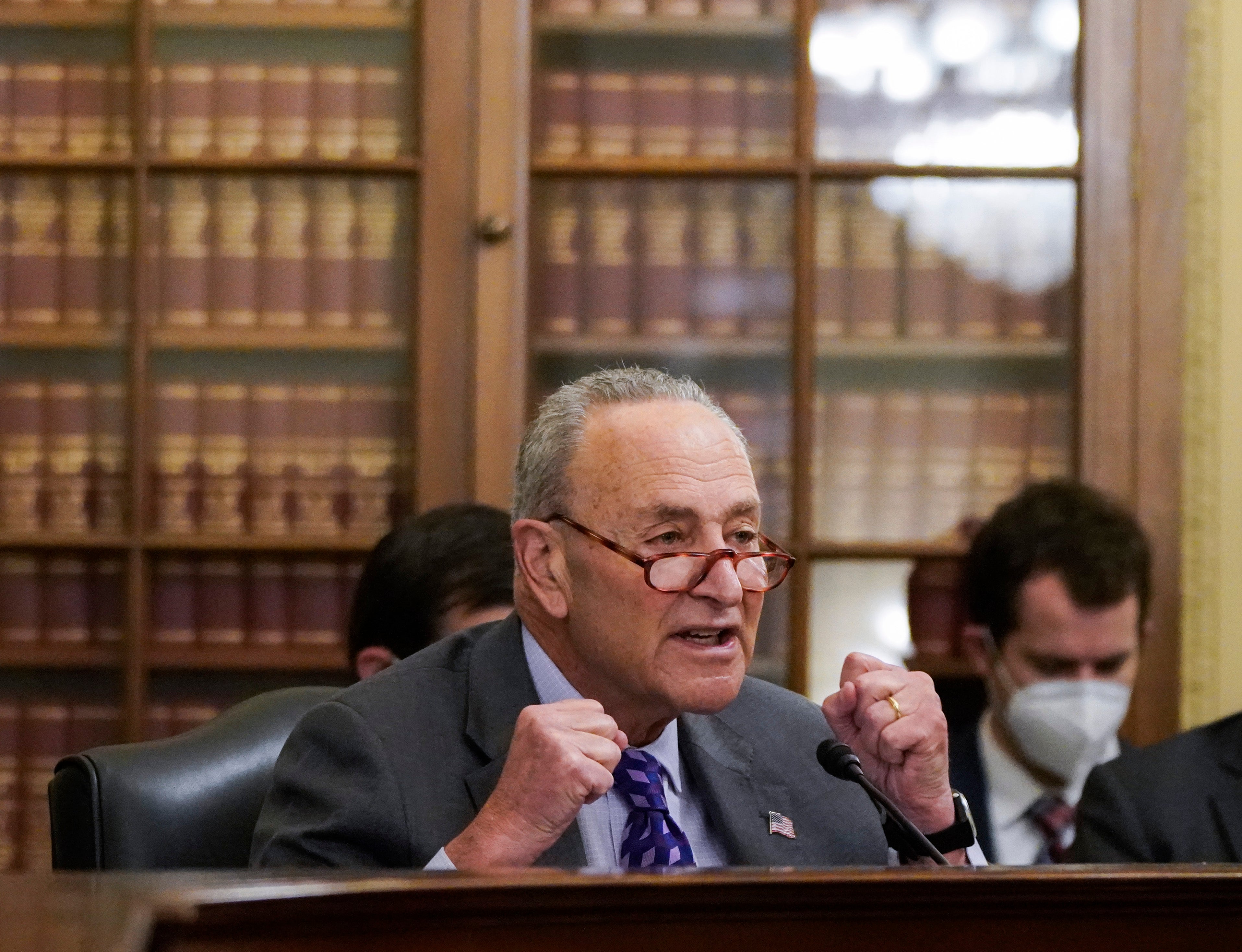 U.S. Senate Majority Leader Chuck Schumer (D-NY) speaks at a Senate Rules and Administration Committee oversight hearing on January 5, 2022 in Washington, D.C. One day before the anniversary of the January 6 attack on the U.S. Capitol, the committee will hear testimony on the status of the U.S. Capitol Police. (Photo by Elizabeth Frantz-Pool/Getty Images)