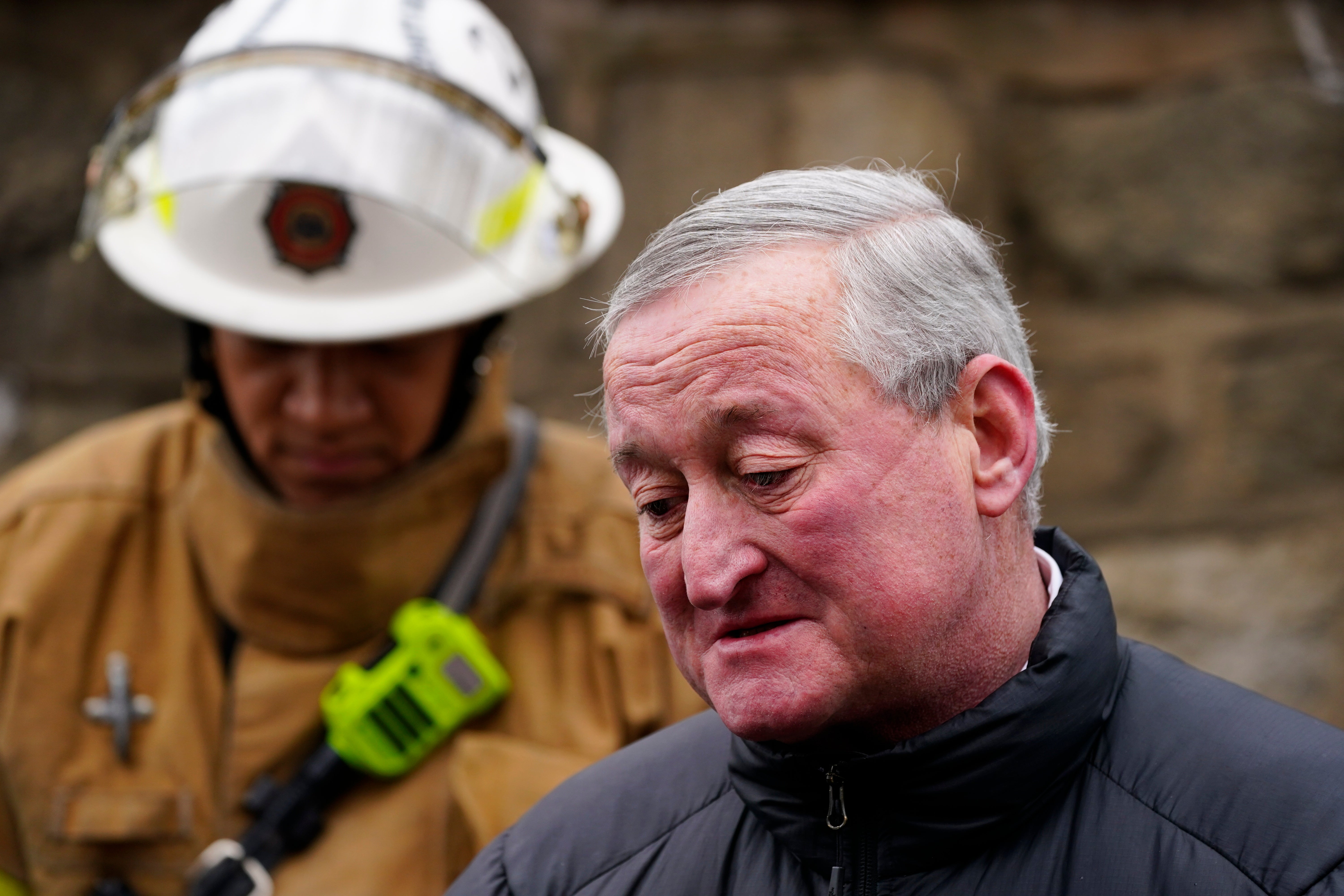 Philadelphia mayor Jim Kenney speaks at a news conference near the scene of a deadly row house fire