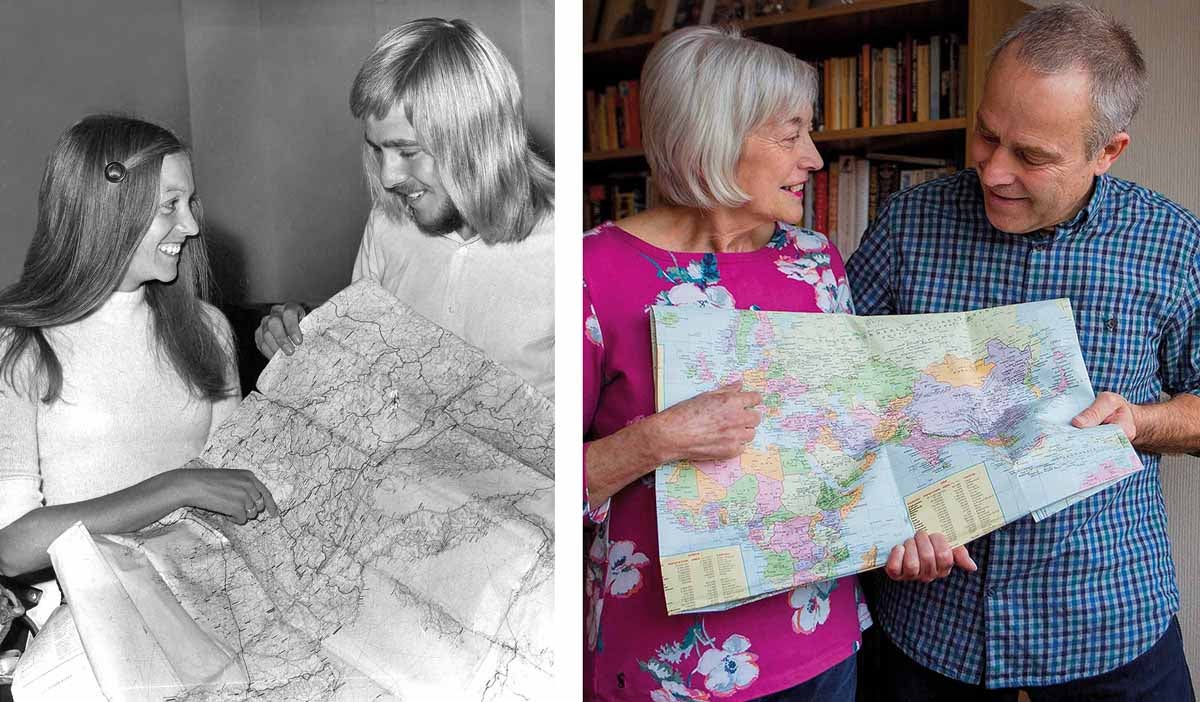 Photographer Chris Porsz with his girlfriend Lesley planning their trip around Europe 50 years ago, and them today as husband and wife