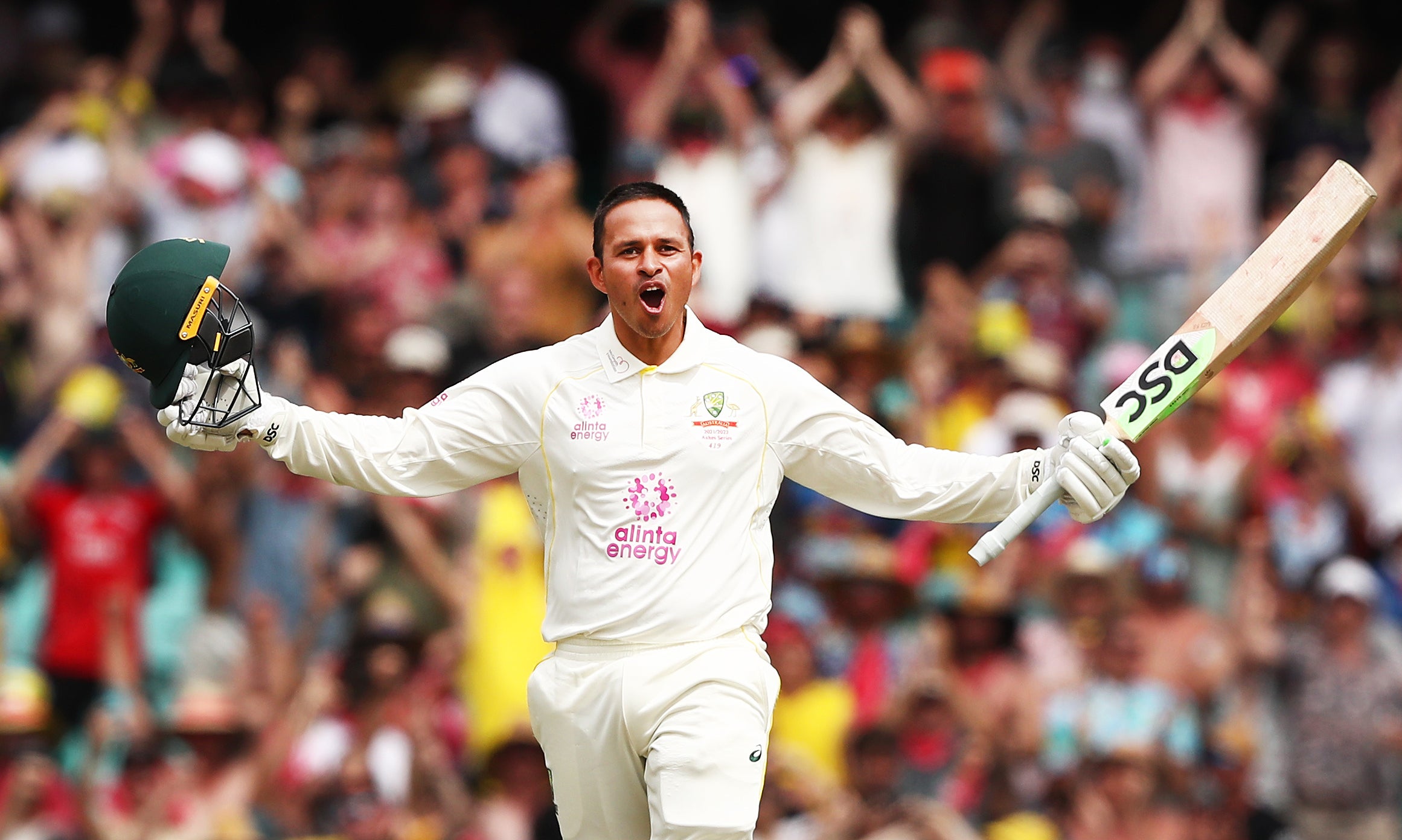 Australia’s Usman Khawaja celebrates his century during day two (Jason O’Brien/PA)