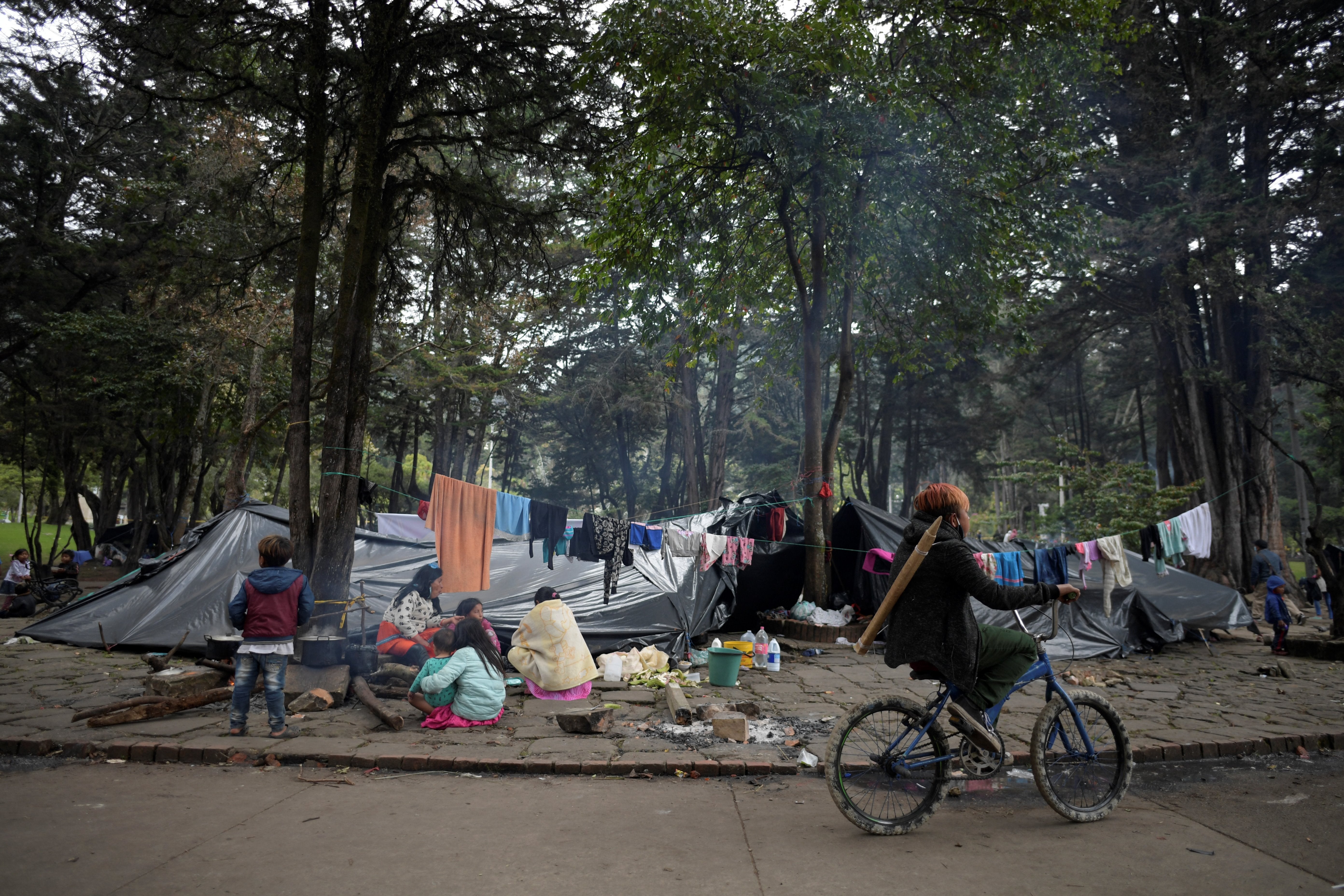 Embera Indigenous people in makeshift shelters in Bogota’s National Park