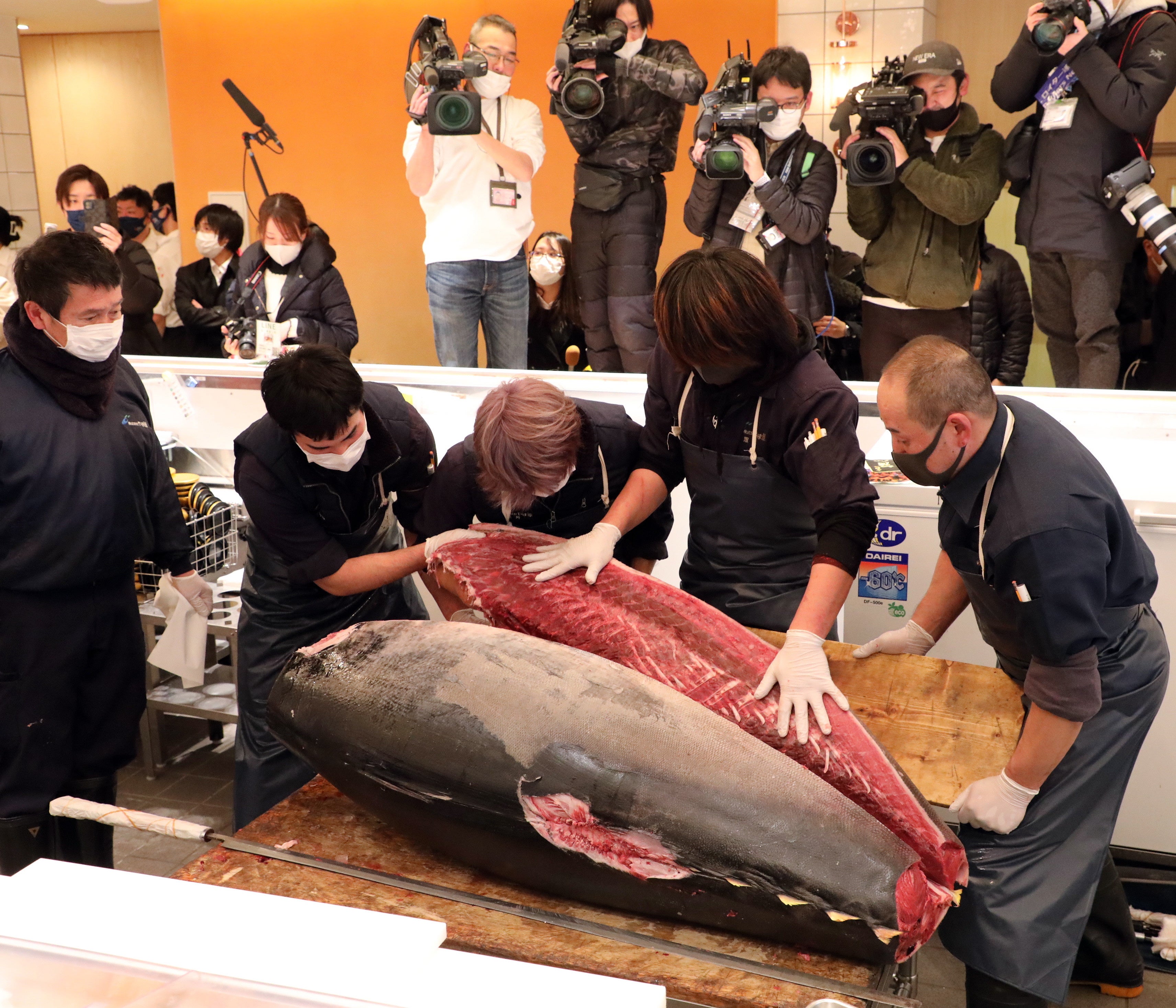 Staff members of Ginza Onodera restaurant cut the tuna auctioned at 16.9 million yen earlier in the day at the Toyosu Wholesale Market in Tokyo on 5 January