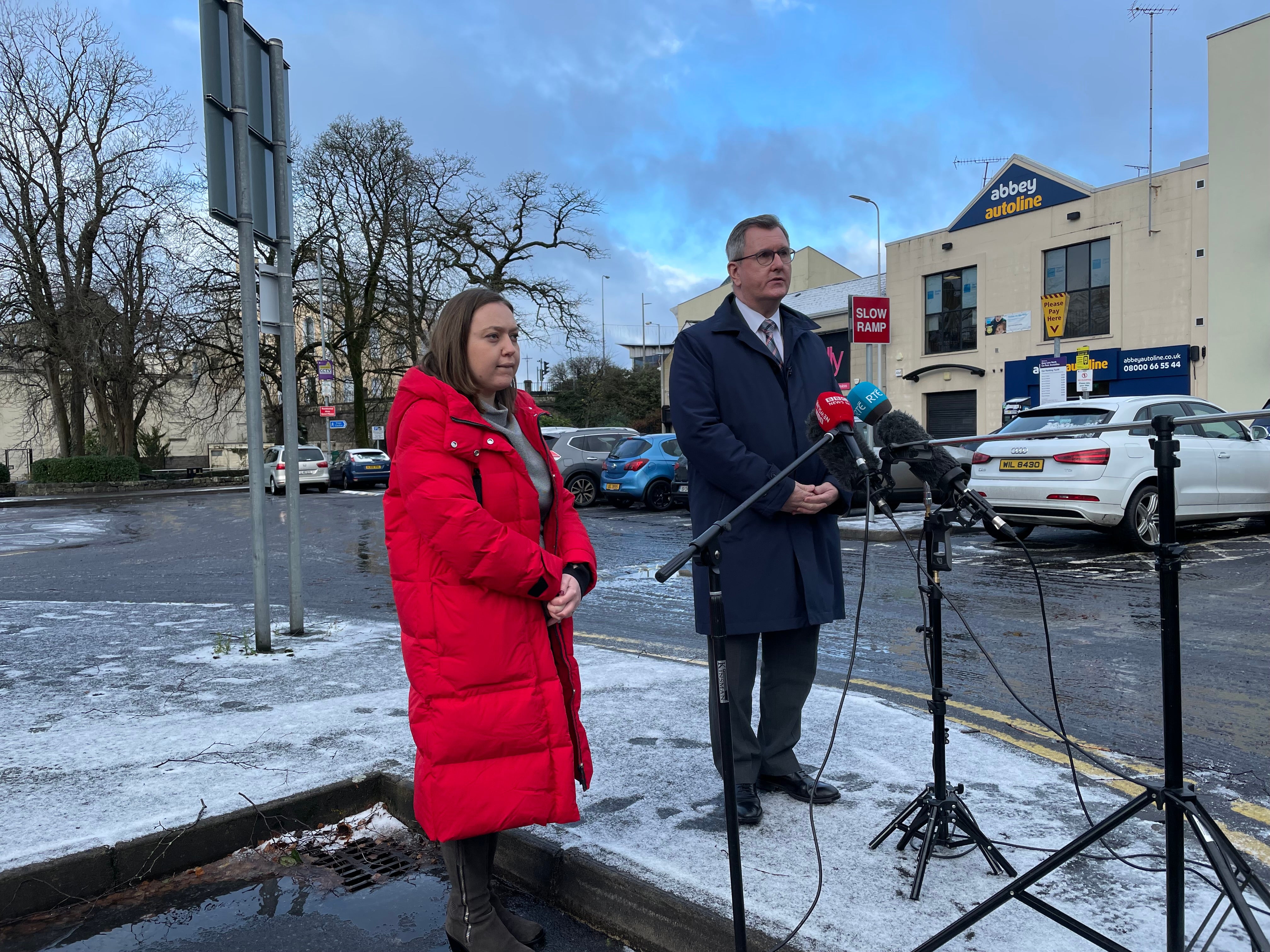 DUP leader Sir Jeffrey Donaldson (right) speaks at media in Enniskillen, Co Fermanagh accompanied by local MLA Deborah Erskine (Jonathan McCambridge/PA)