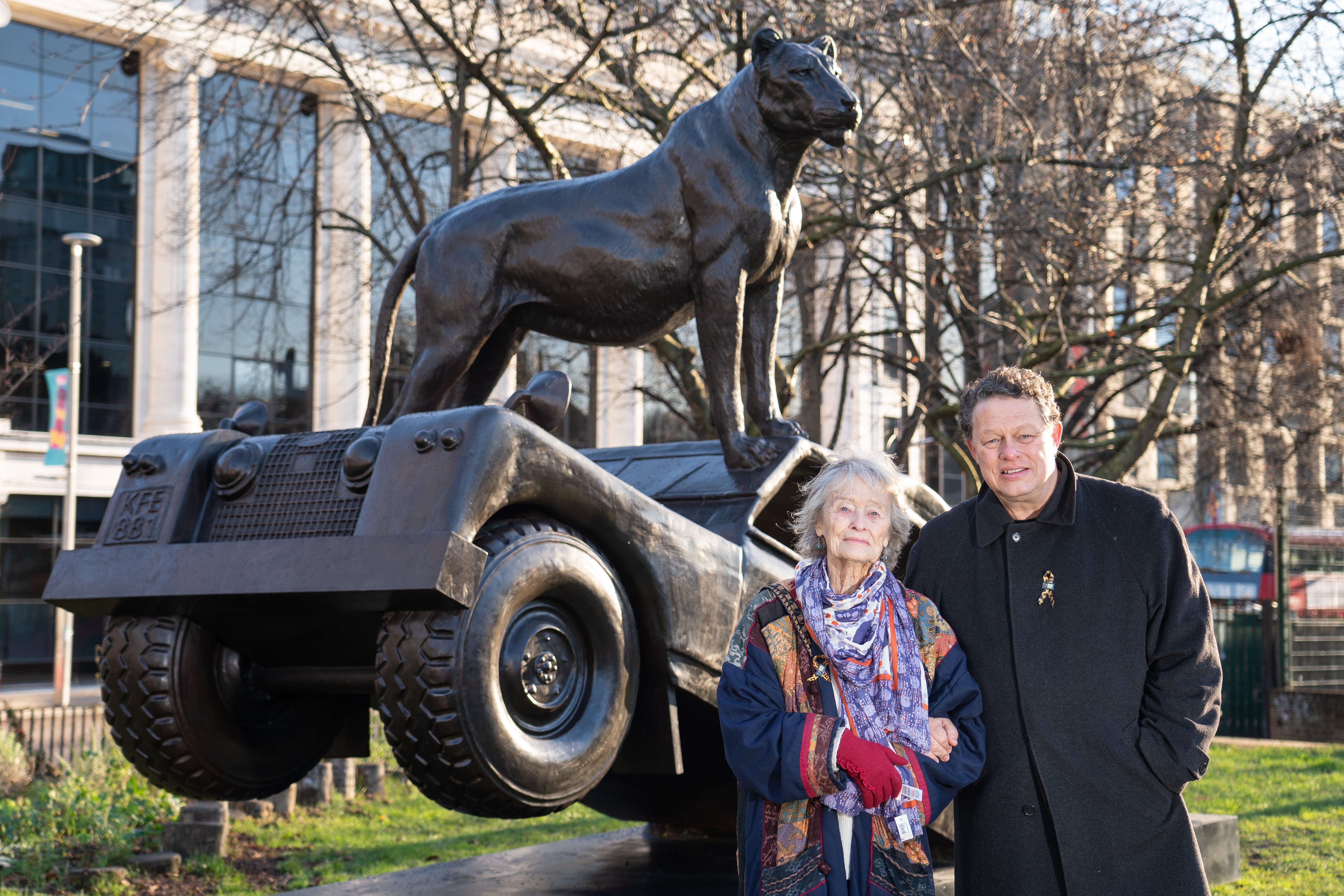 Virginia McKenna and her son Will open the Born Free Forever exhibition at Waterloo Millennium Green in London (Dominic Lipinski/PA)