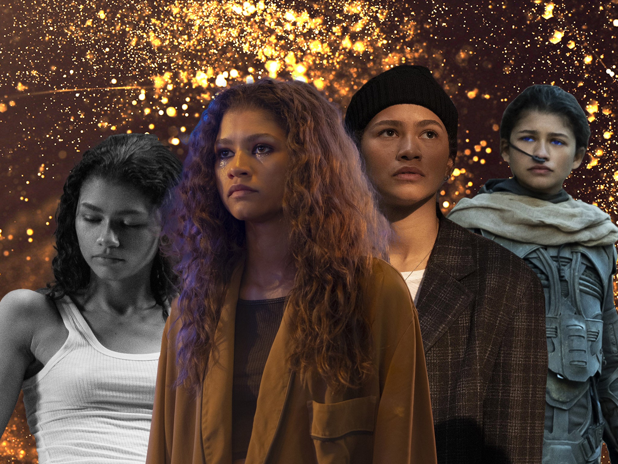 Zendaya in (from left) ‘Malcolm & Marie’, ‘Euphoria’, ‘Spider-Man: No Way Home’ and ‘Dune'