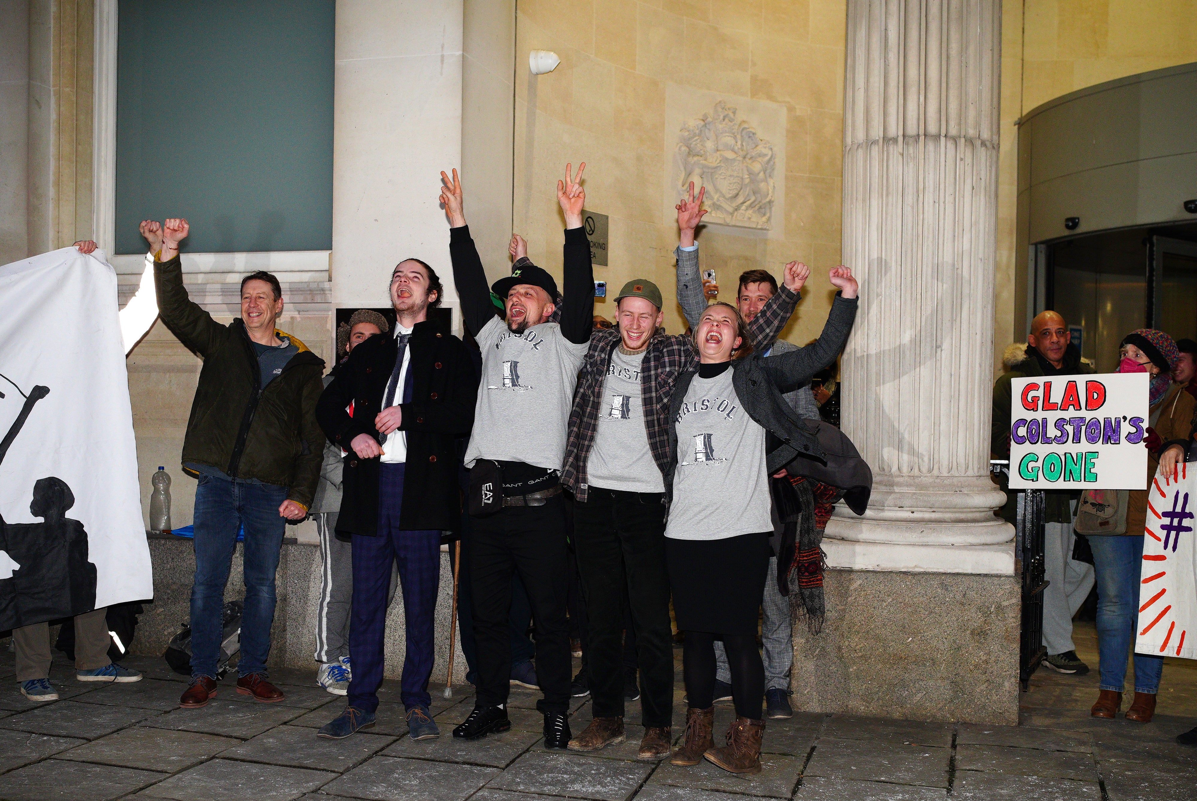 (centre left to right) Sage Willoughby, Jake Skuse, Milo Ponsford and Rhian Graham outside Bristol Crown Court (Ben Birchall/PA)