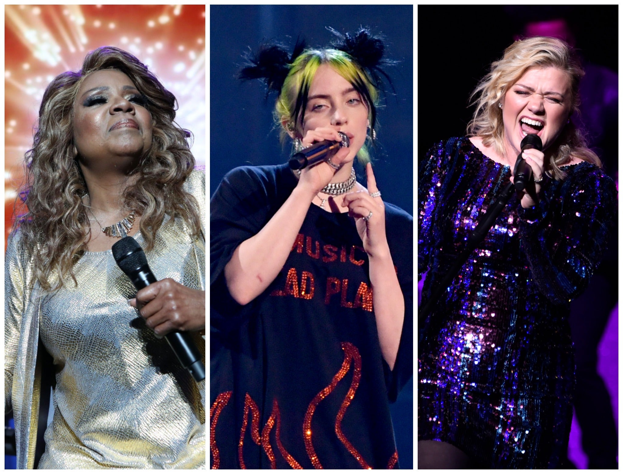 L-R: Gloria Gaynor, Billie Eilish and Kelly Clarkson