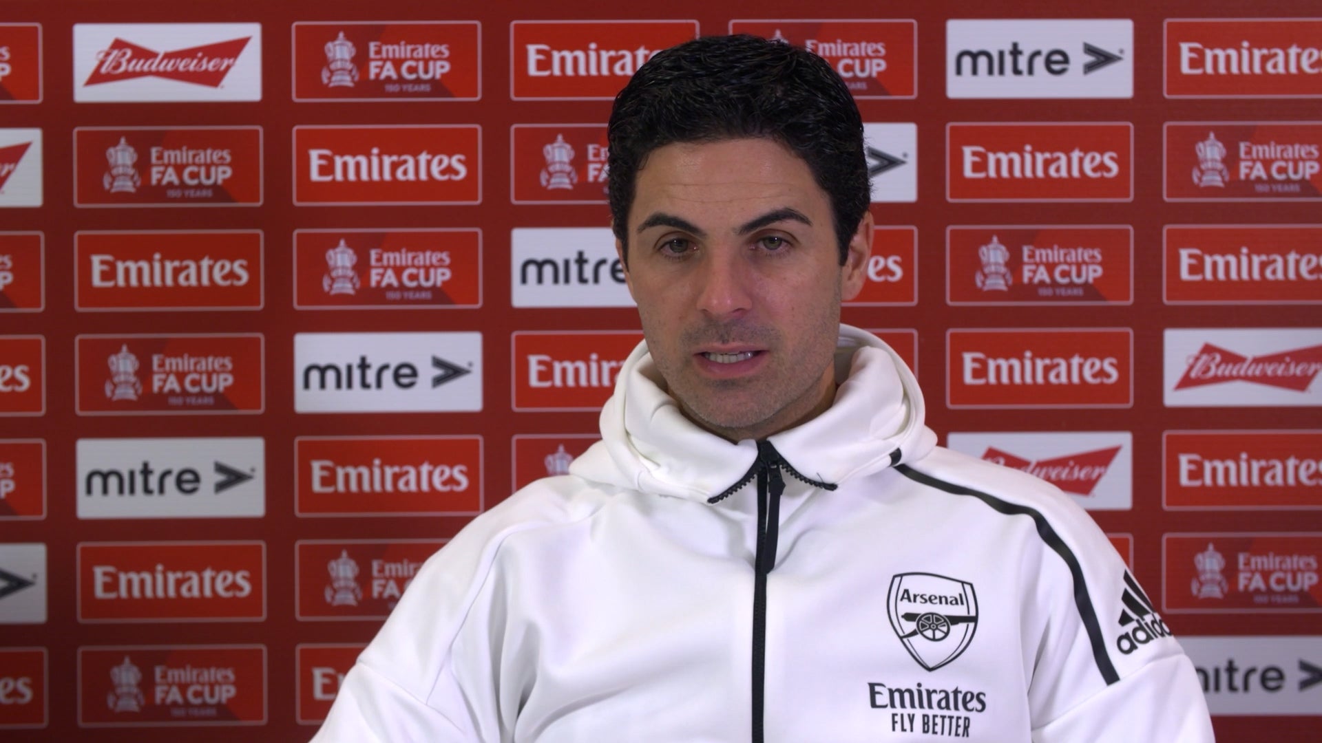 Mikel Arteta wore a white hoodie for his press conference on Friday (Arsenal Media/PA)