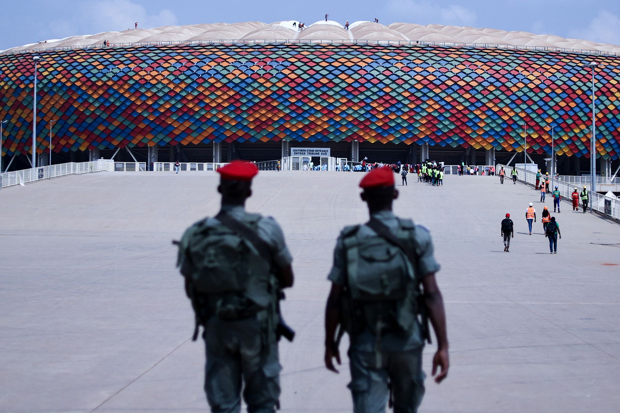 Cameroonian soldiers patrol Olembe Stadium in Yaounde