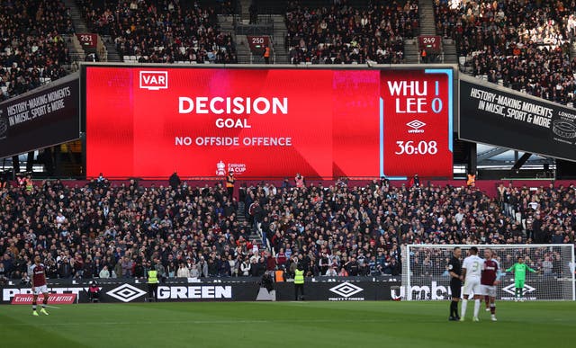 <p>VAR in action at West Ham’s London Stadium during the third round </p>