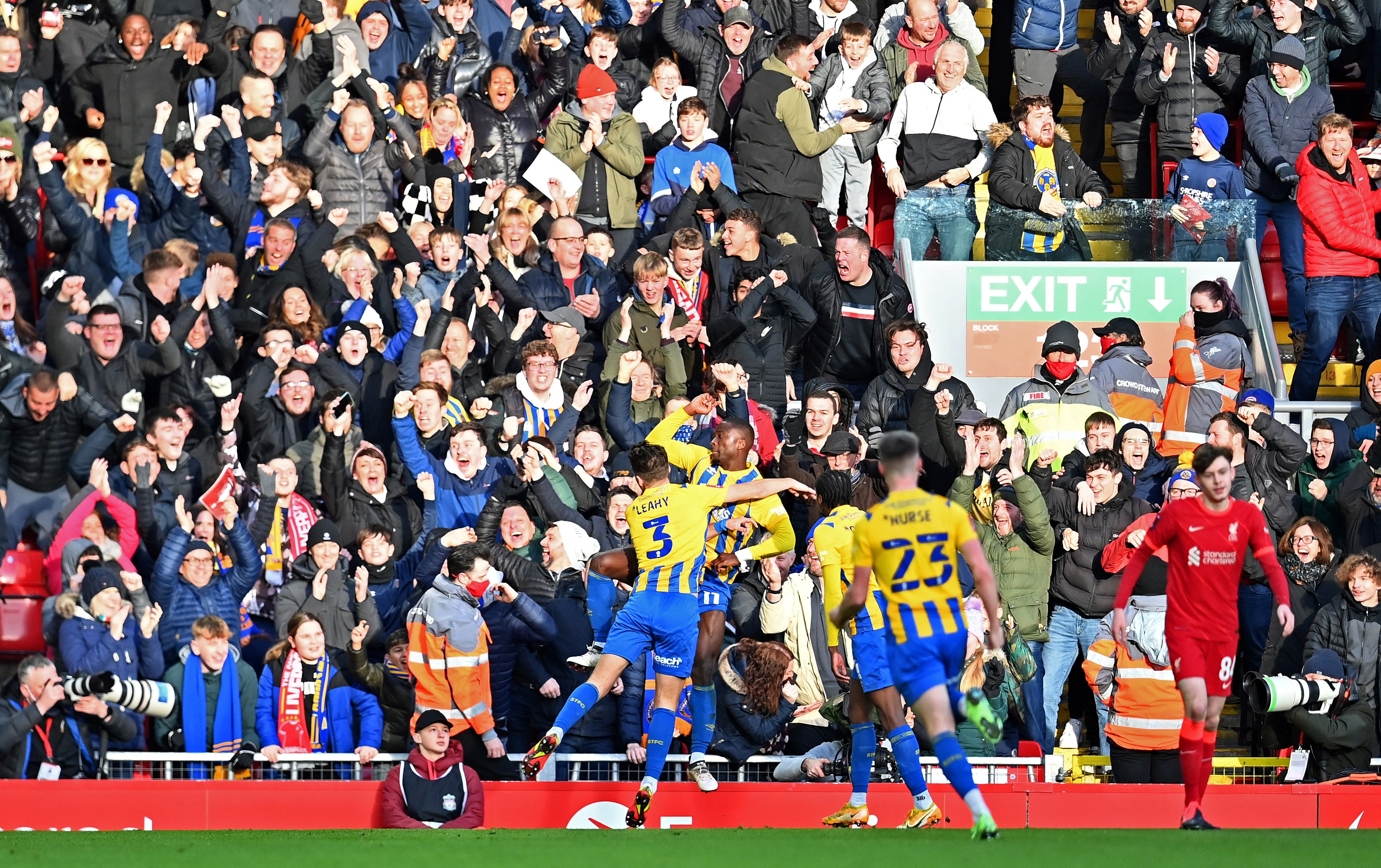 Shrewsbury’s travelling fans celebrate Daniel Udoh’s opener