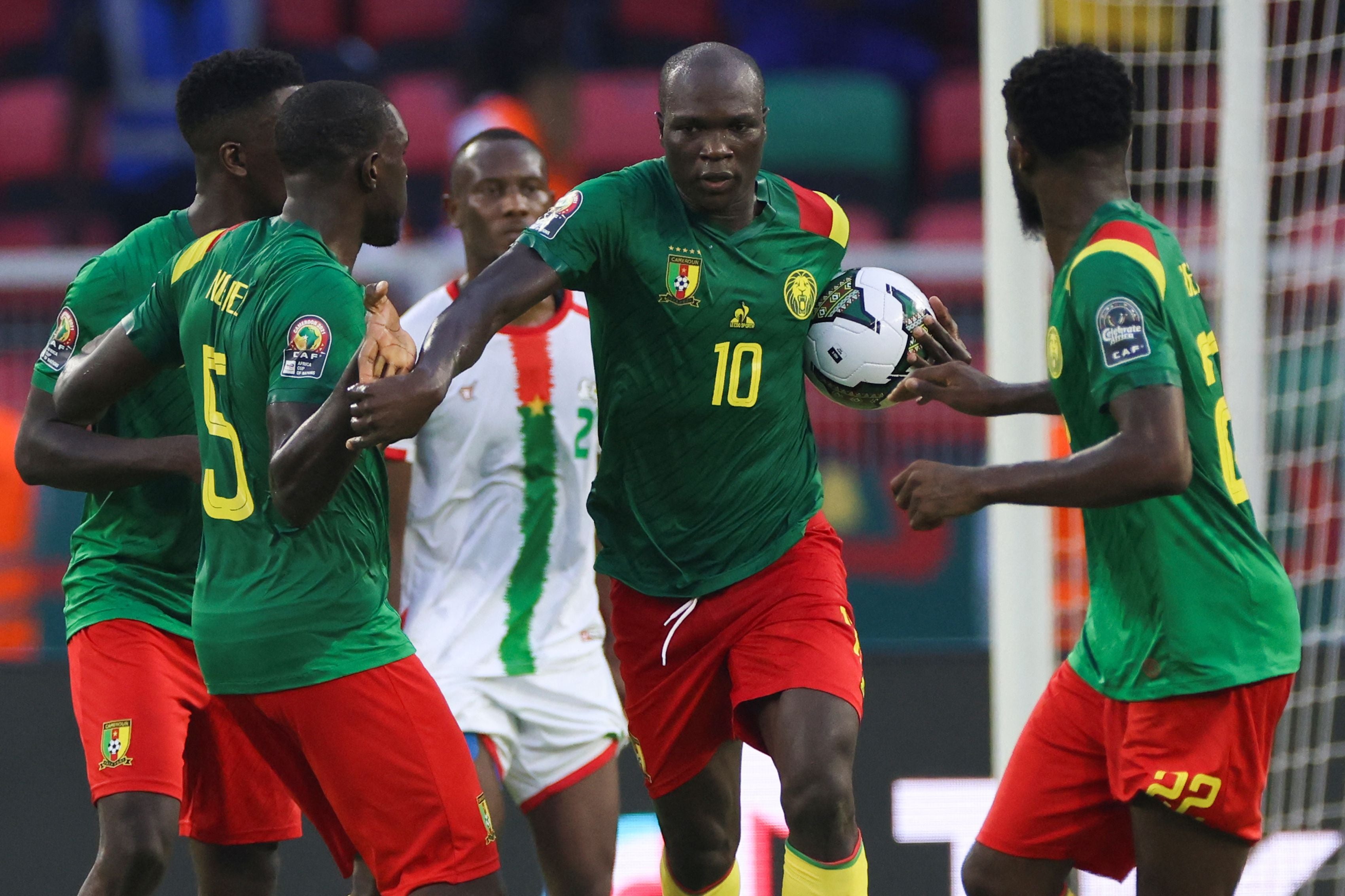 Aboubakar grabs the ball after coverting his first penalty