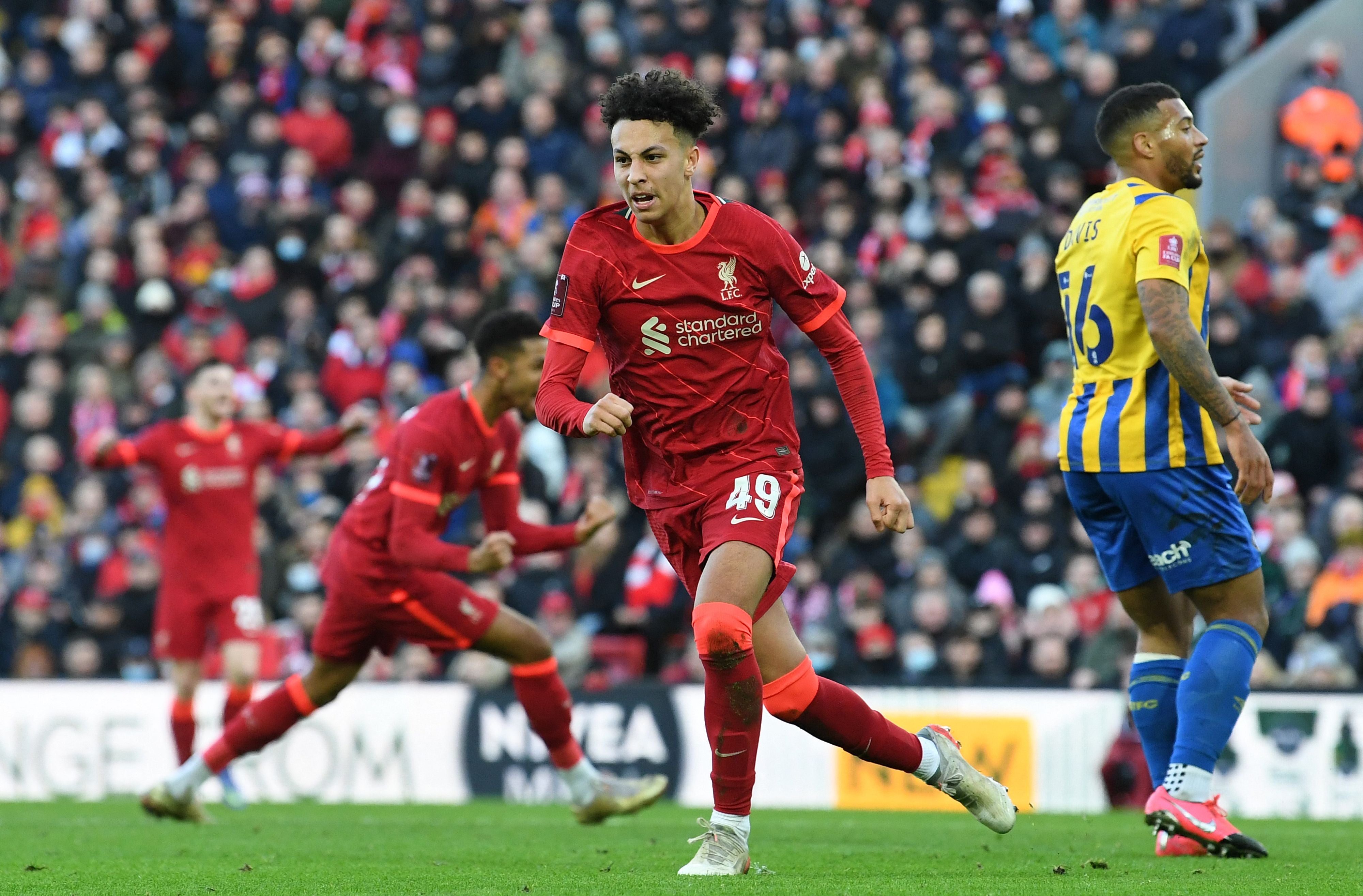 Kaide Gordon scored against Shrewsbury Town at Anfield