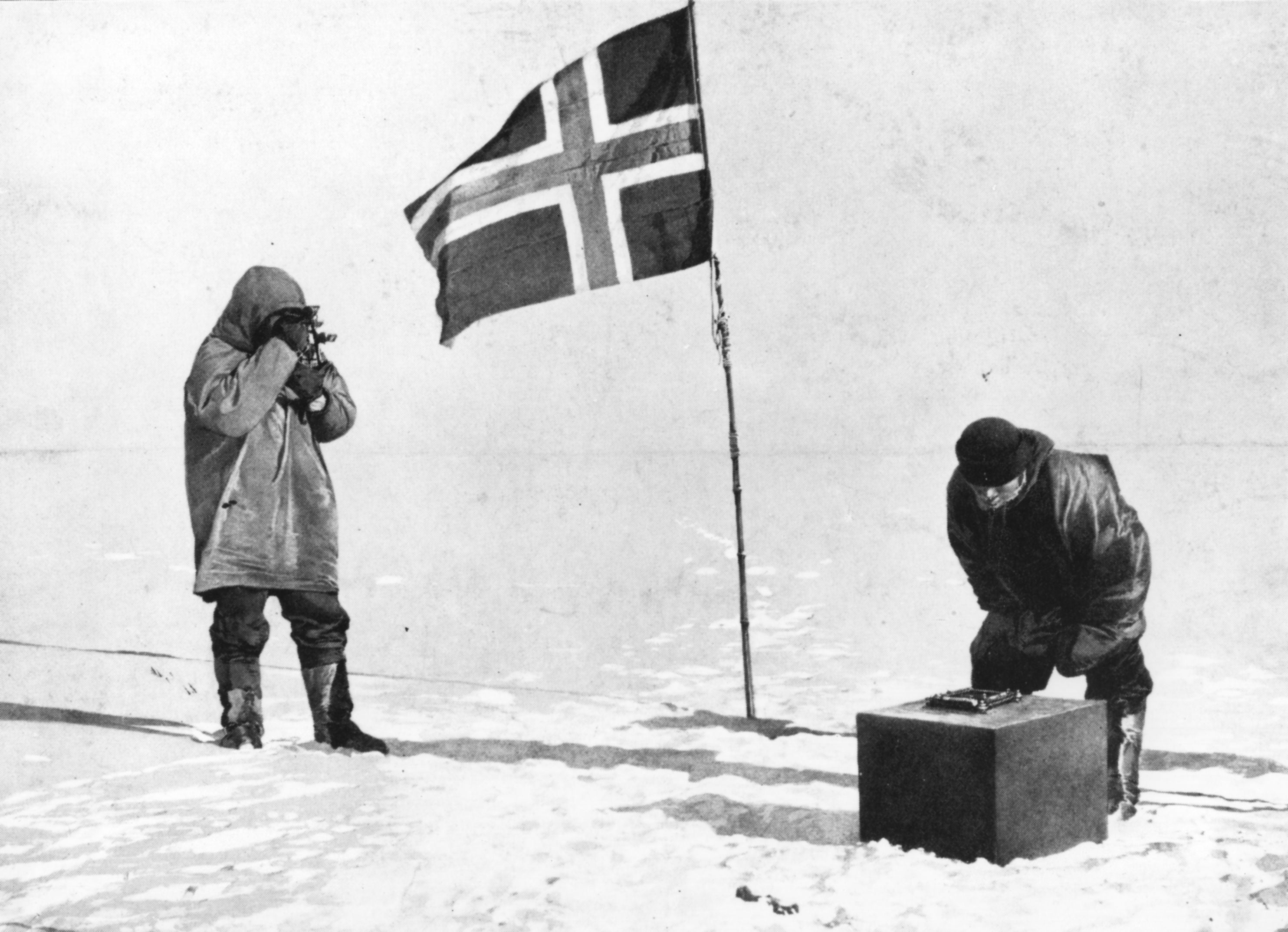 Amundsen taking sights at the South Pole beside the Norwegian flag