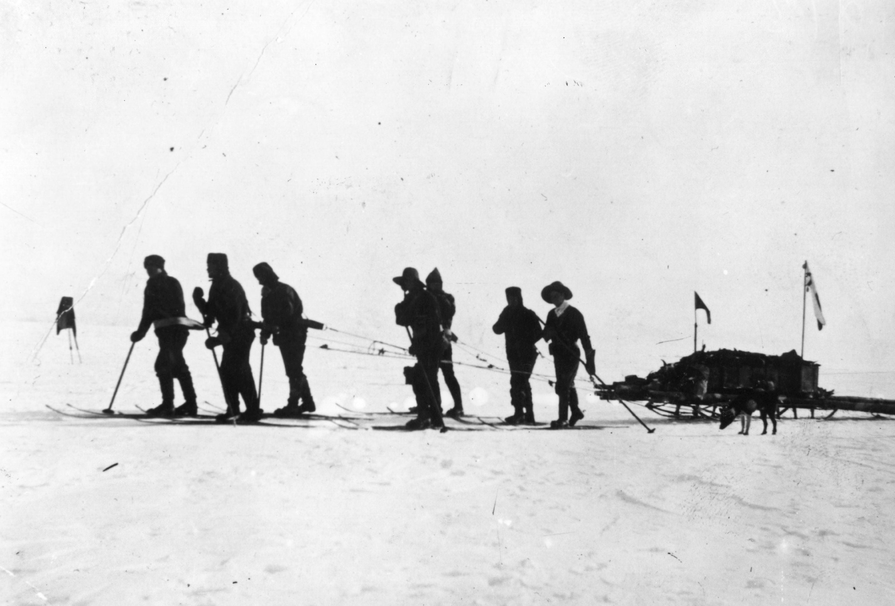 Captain Scott leads a sleigh party over the ice to the South Pole in 1912