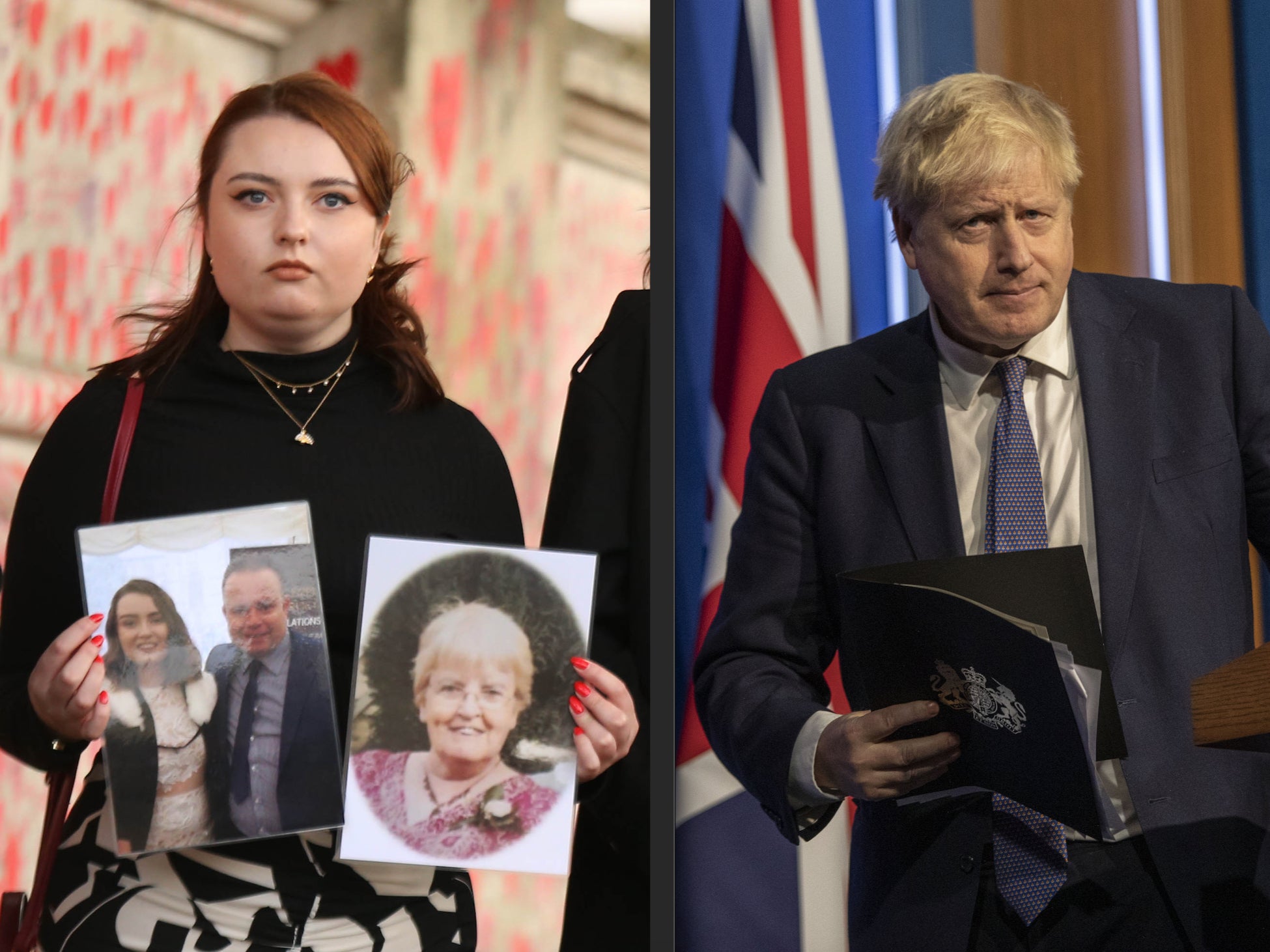 Hannah Brady with photos of her father Shaun and grandmother Margaret, who had both died of Covid