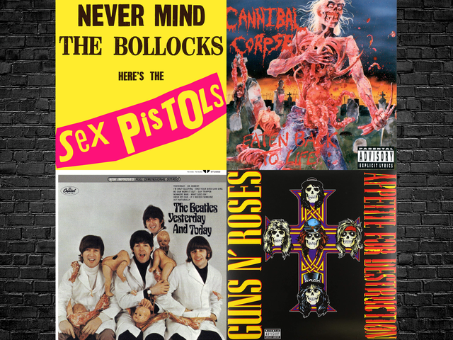 <p>Top left clockwise: Artwork for the Sex Pistols, Cannibal Corpse, Guns N’ Roses, and The Beatles</p>