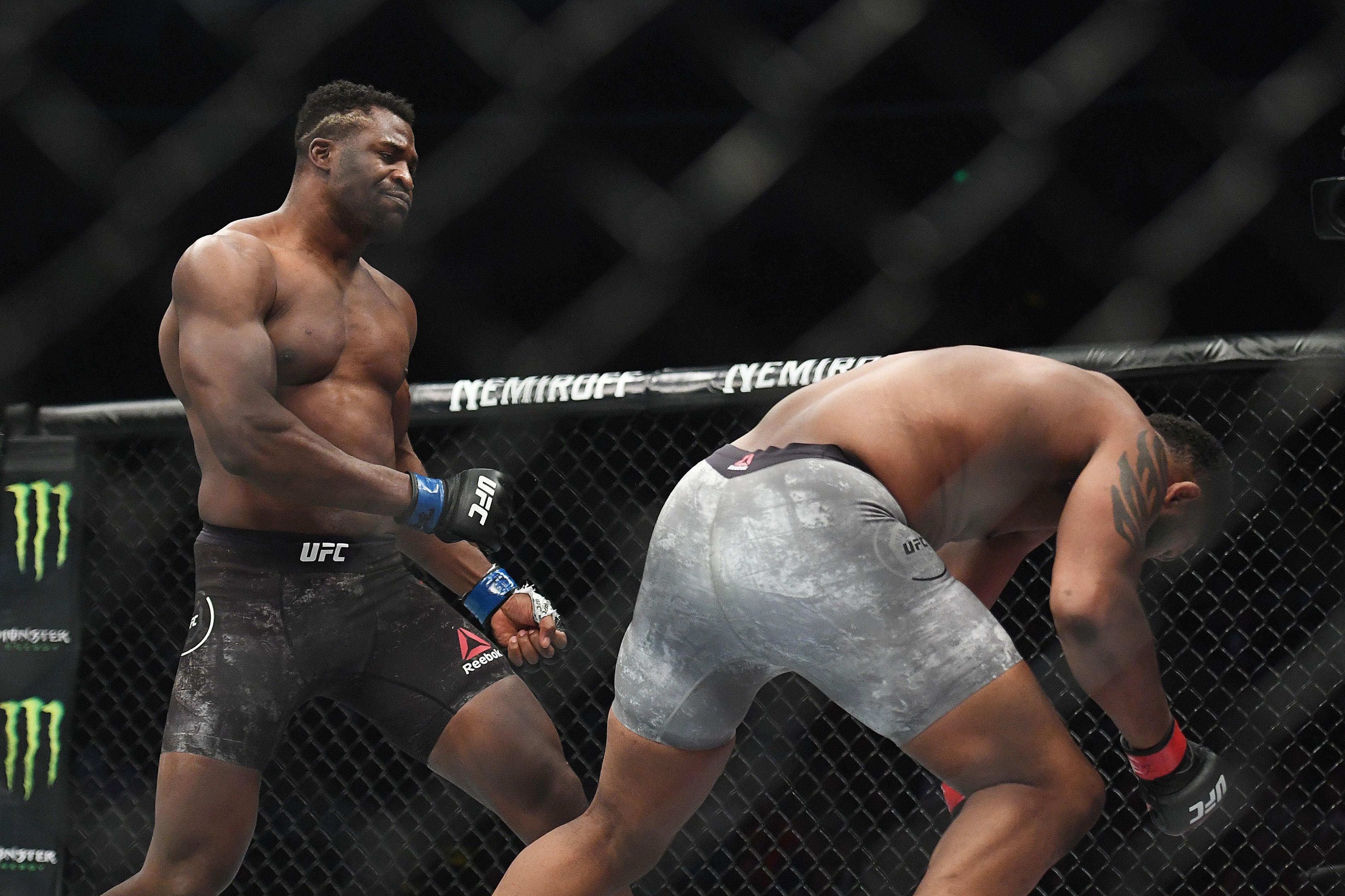 Curtis Blaydes collapses after a right hook from Ngannou