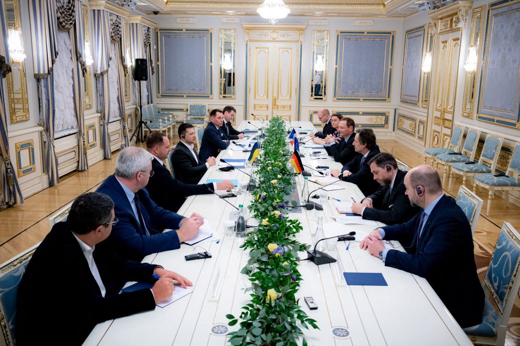 Ukrainian President Volodymyr Zelensky (4thL) meeting with Foreign and security policy adviser to the German Chancellor Jens Ploetner (3rdR) and diplomatic adviser to the French President Emmanuel Bonn (4thR) in Kyiv, Ukraine