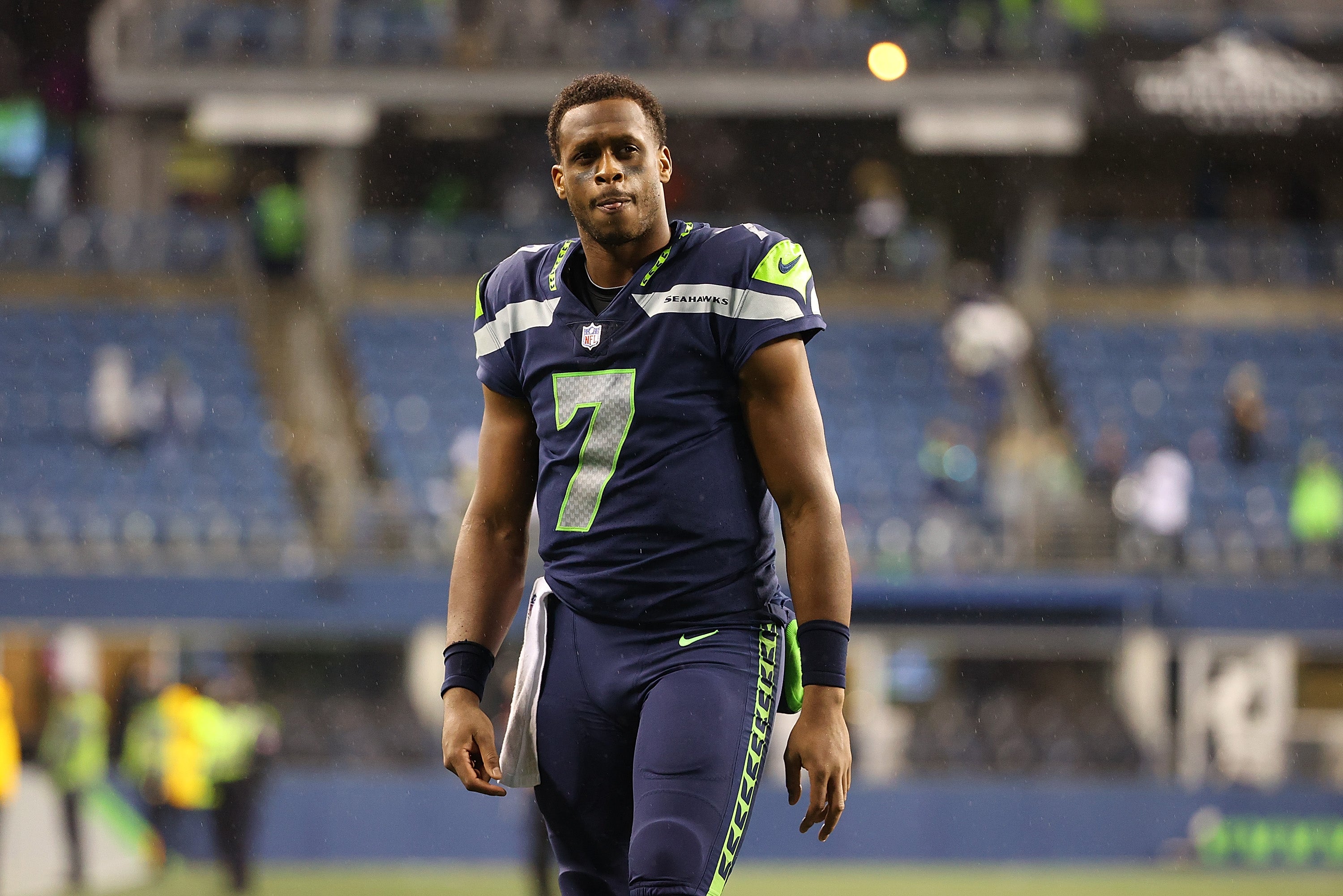 Geno Smith #7 of the Seattle Seahawks leaves the field following a game against the New Orleans Saints at Lumen Field on October 25, 2021 in Seattle, Washington.