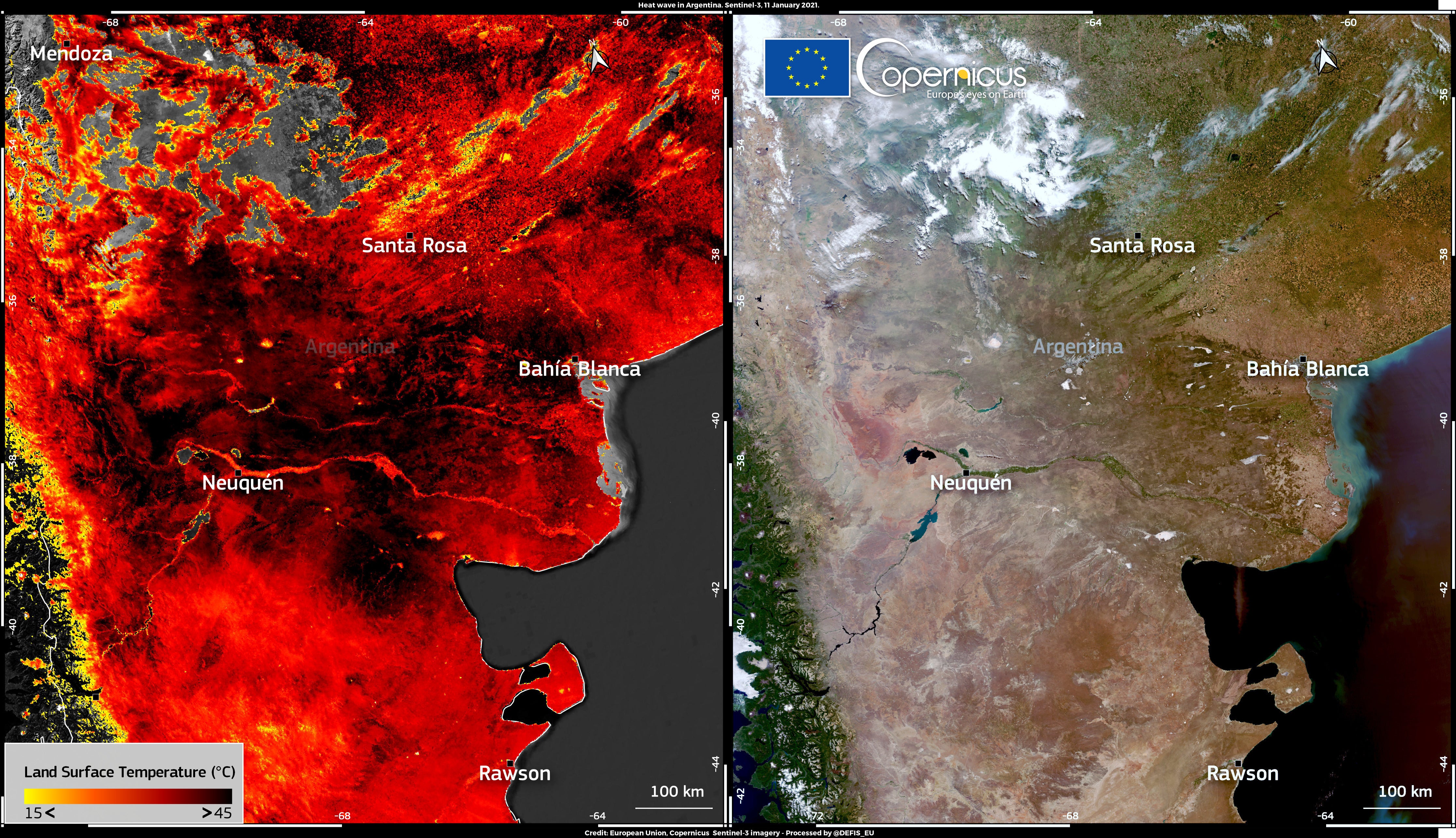 Heat map showing temperatures rising to 45C in Argentina