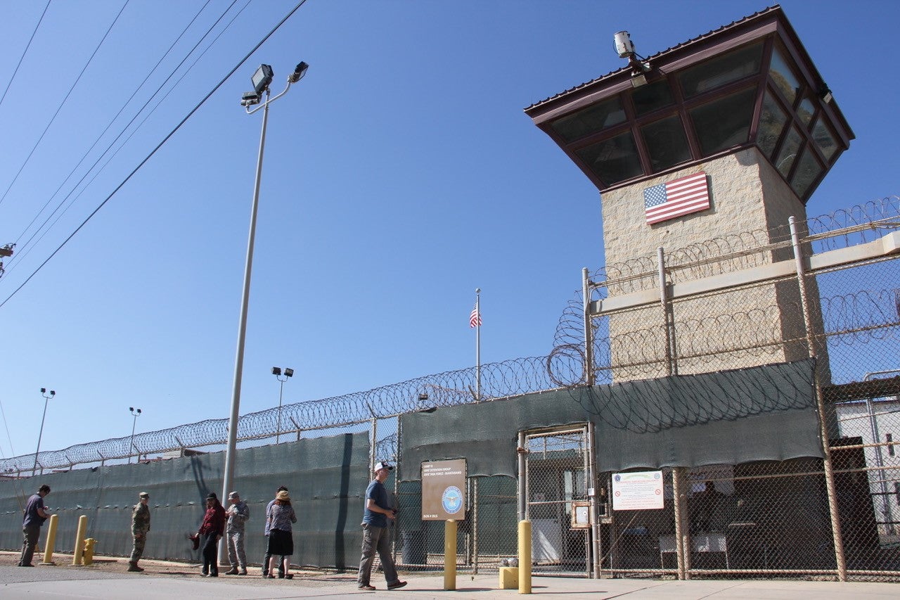 The guard tower outside the fencing of Camp 5 at Guantanamo Bay prison