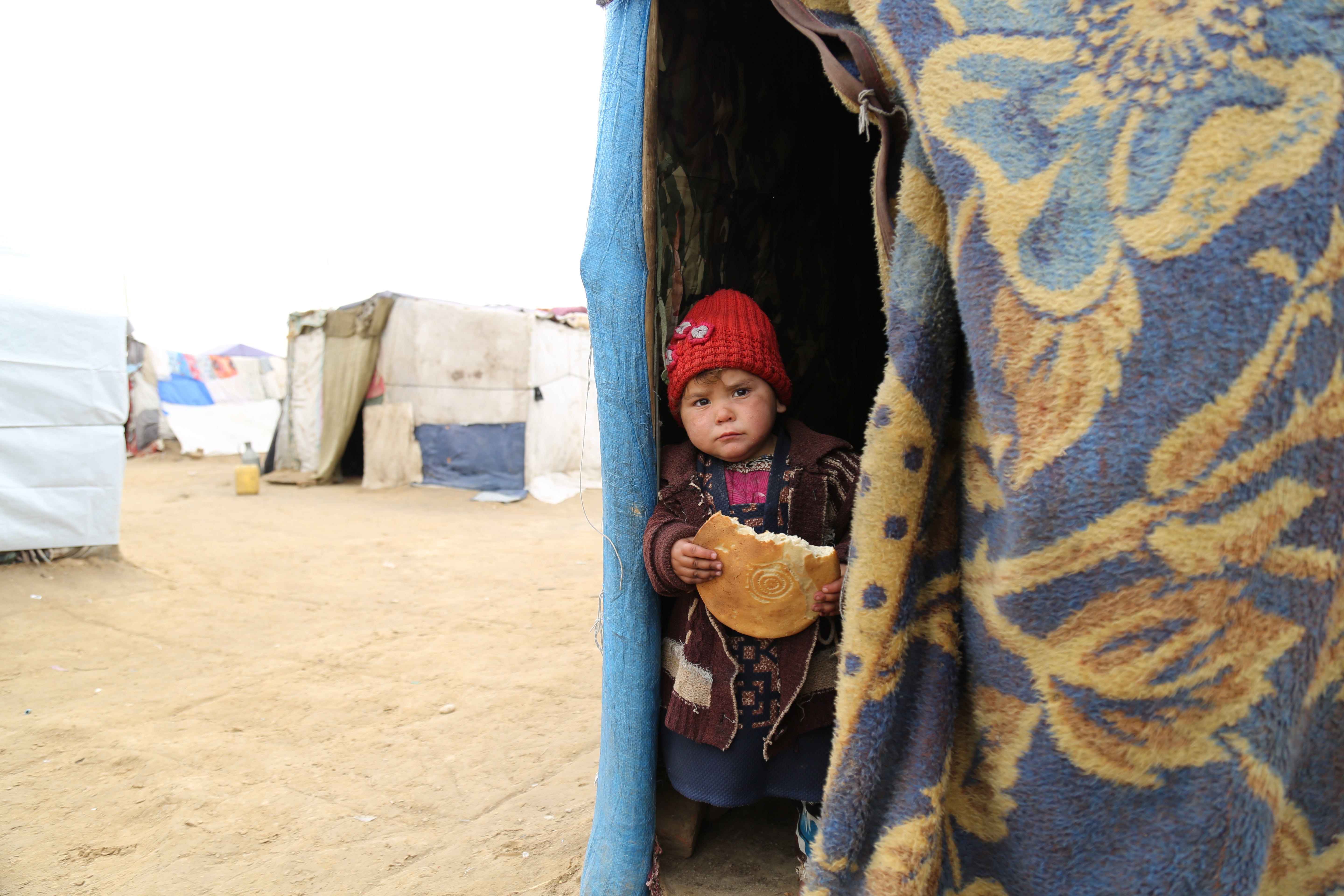 Zabi, three, peers out of the tent where she lives