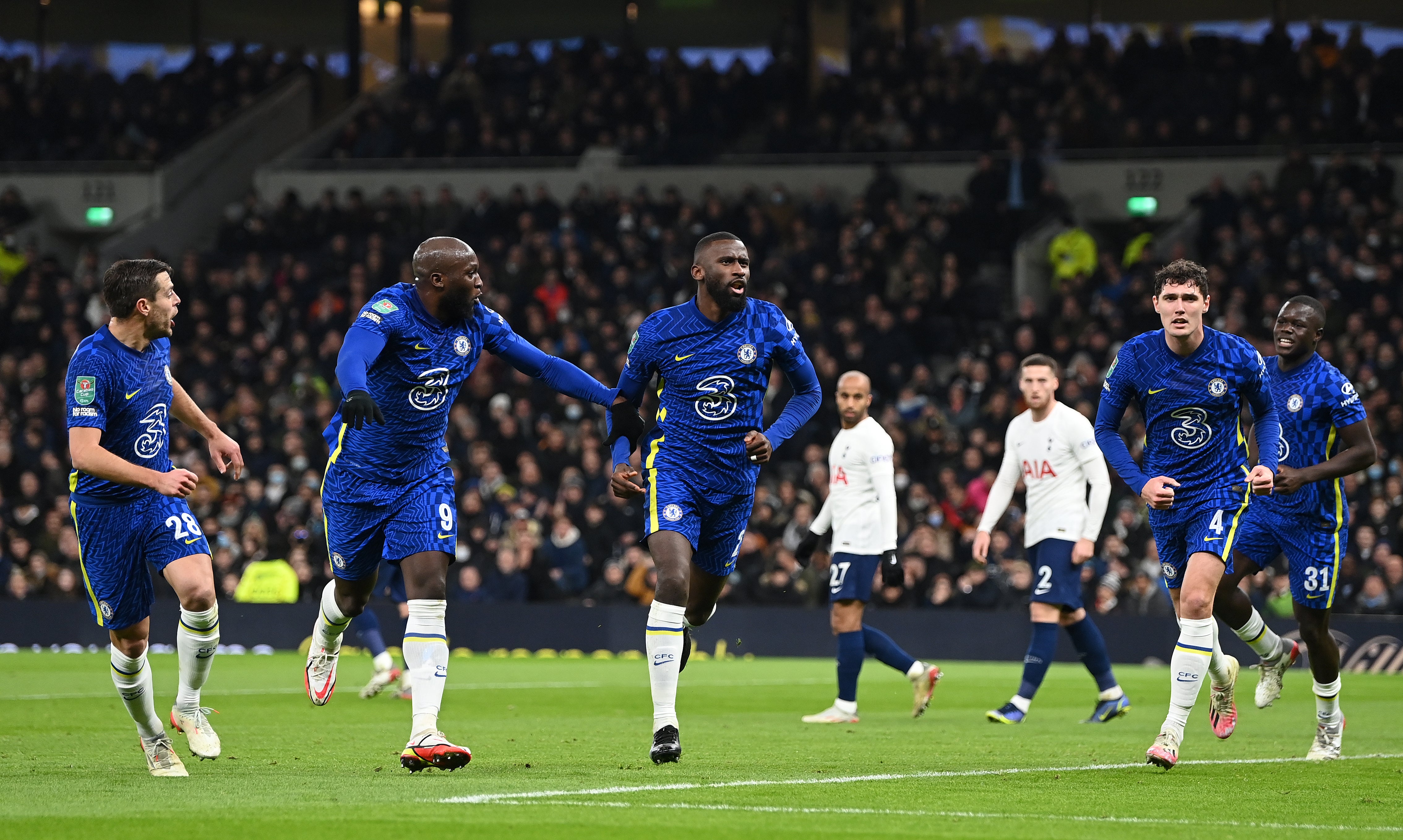 Antonio Rudiger celebrates his first-half header