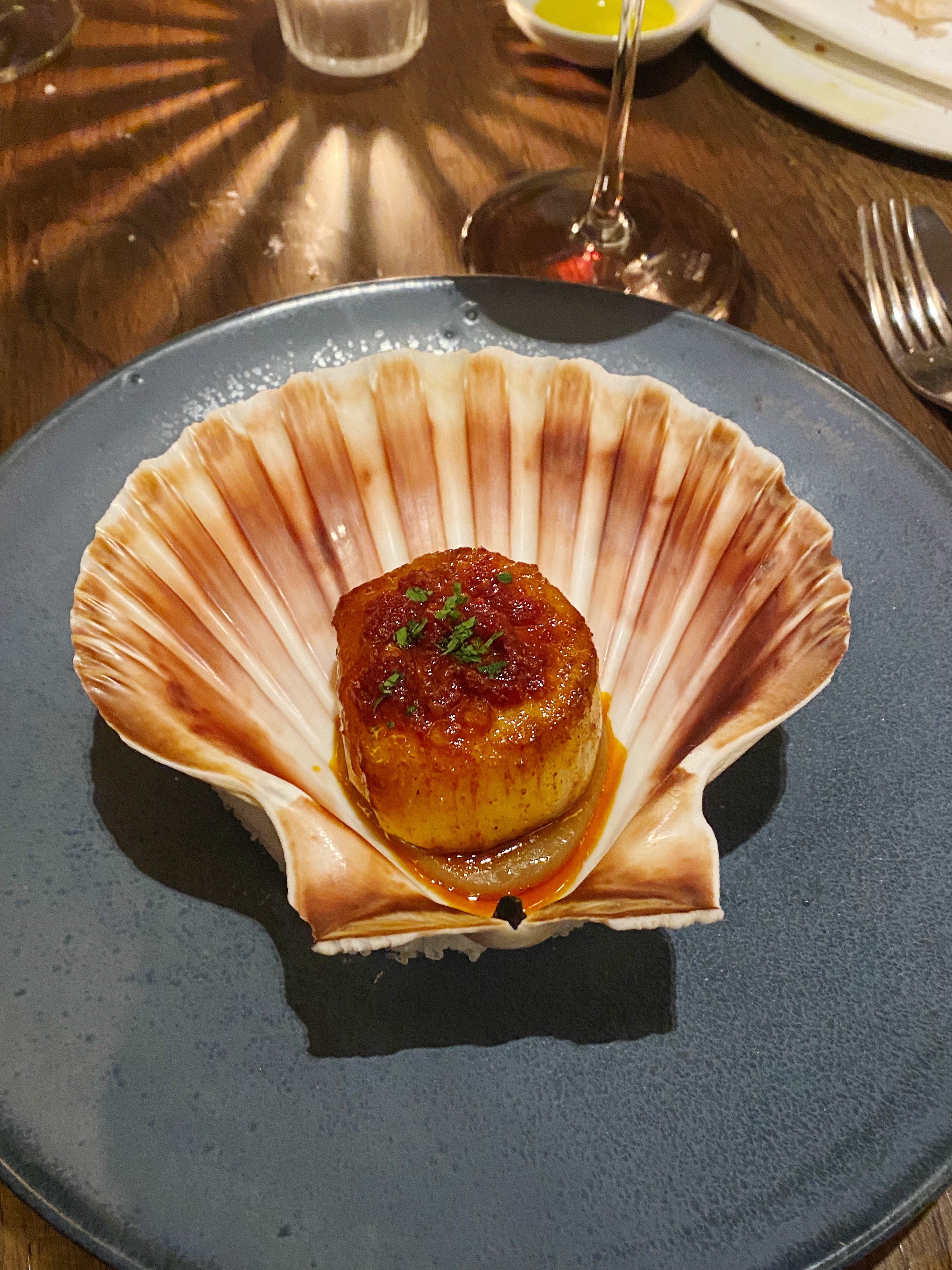 Orkney scallops were grilled and topped with salty, spicy nduja