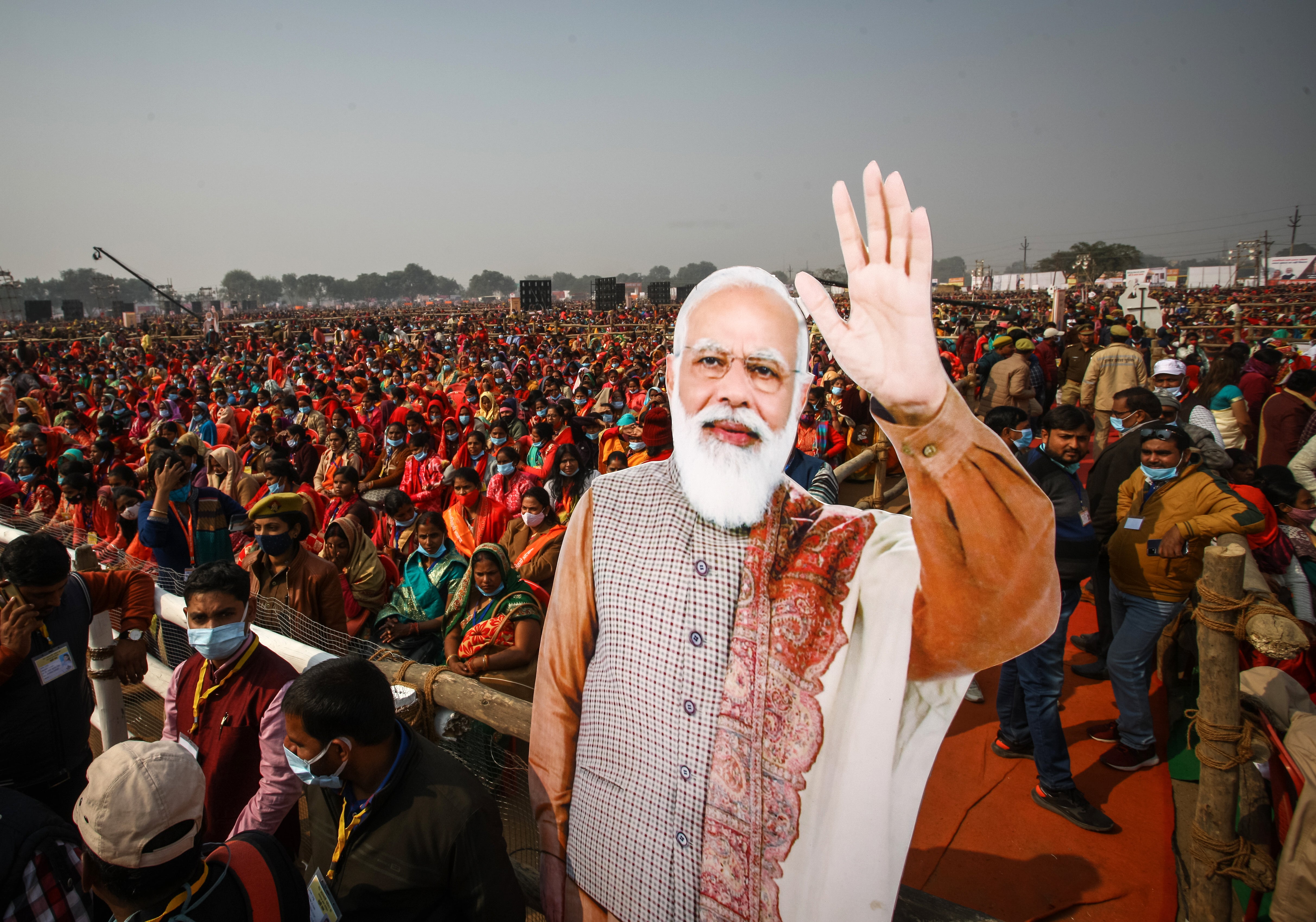 A cut-out of Narendra Modi at a rally held in December 2021 in Allahabad