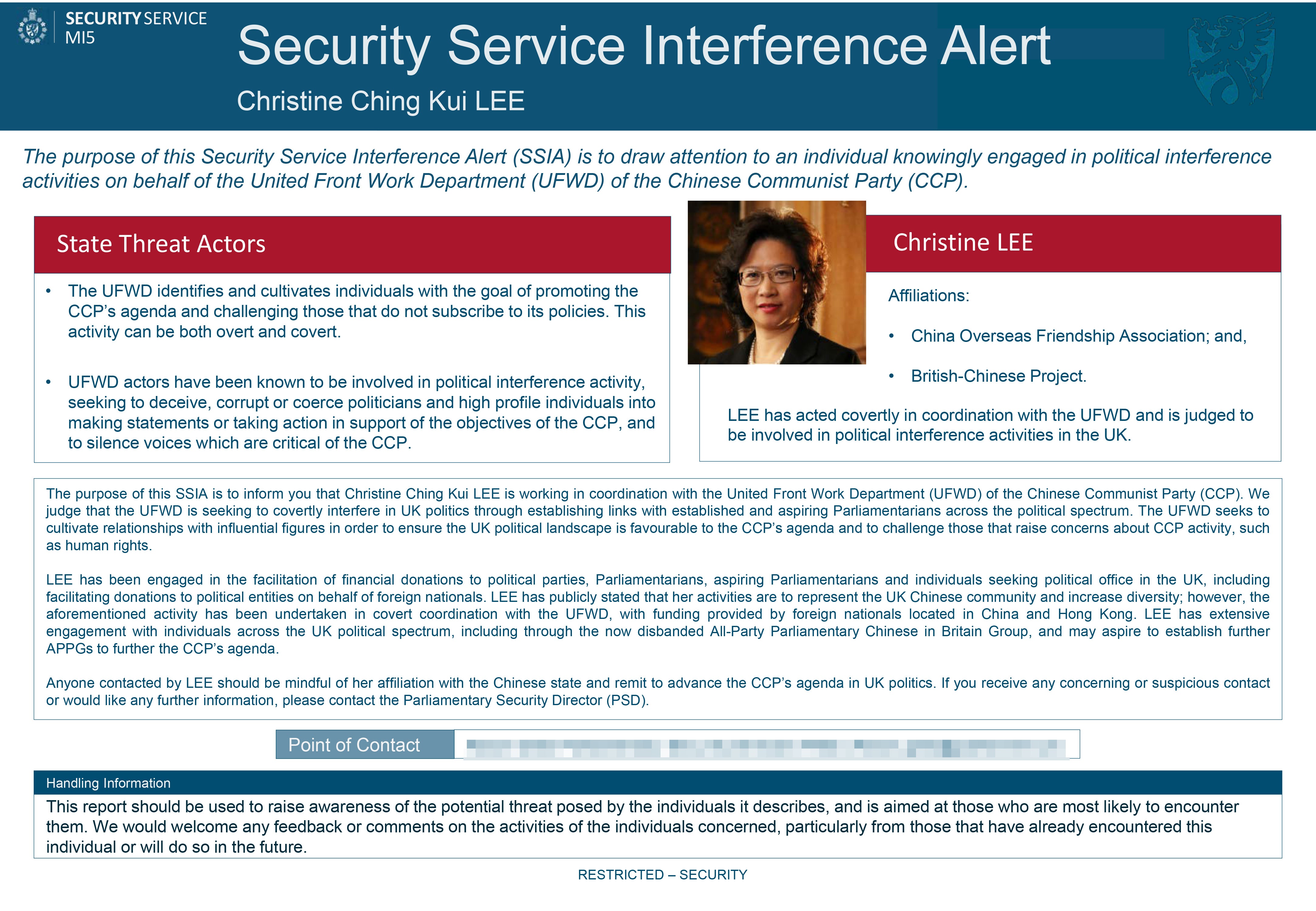 The MI5 Security Service issued an Interference Alert about Christine Ching Kui Lee