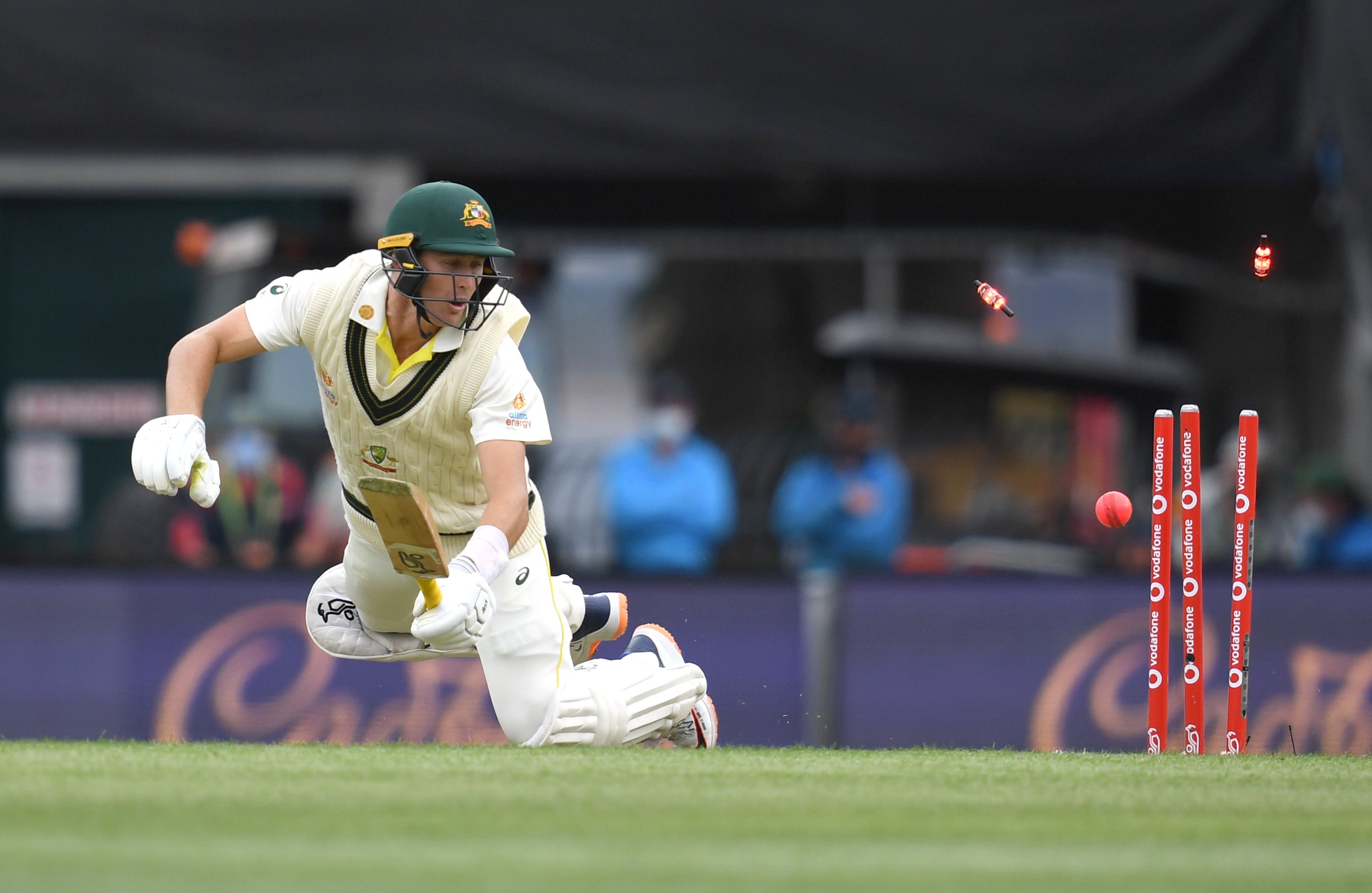 Marnus Labuschagne is clean bowled by Stuart Broad (Darren England/AAP/PA)