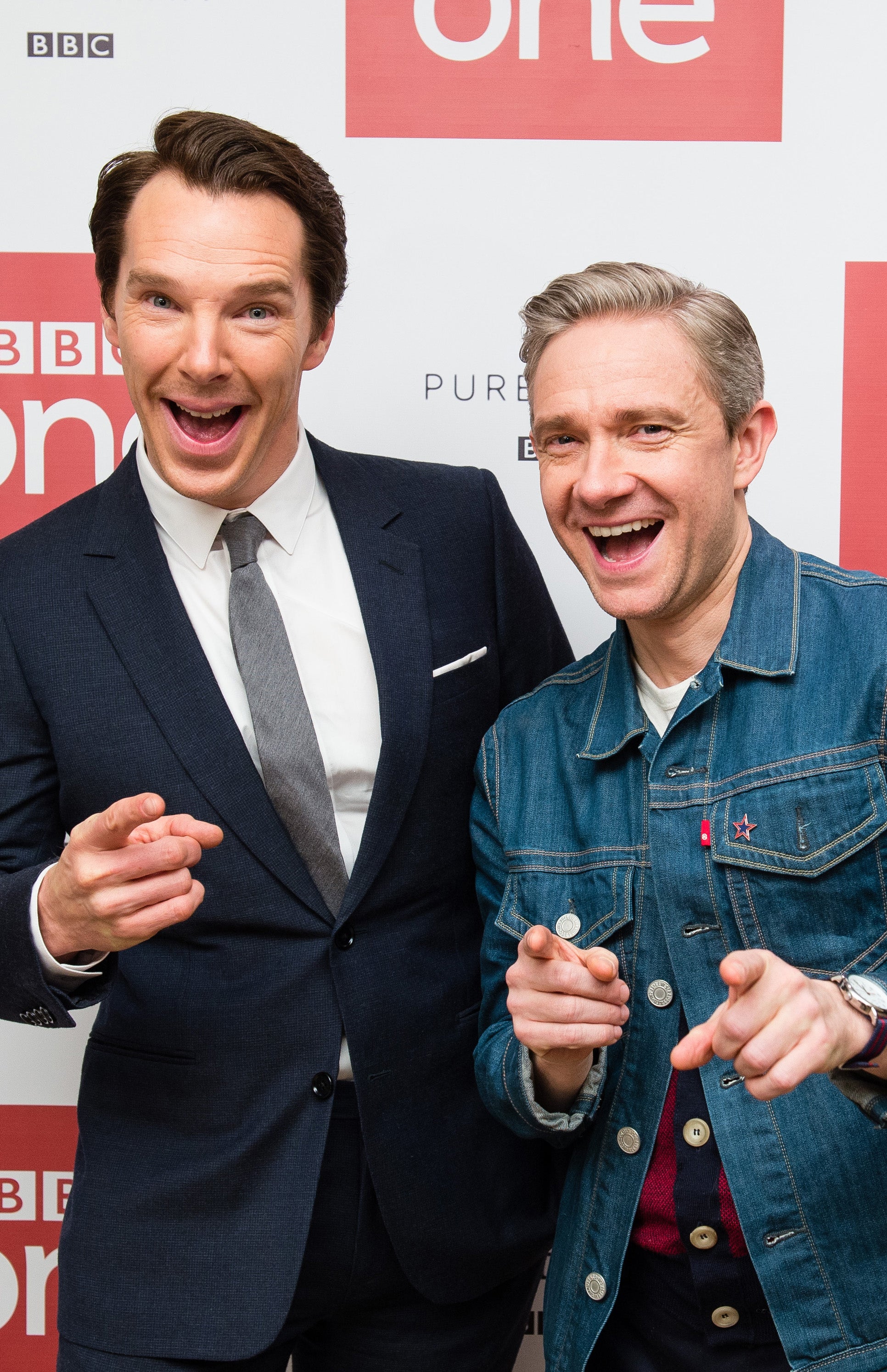 Gotcha: Cumberbatch and Martin Freeman at a ‘Sherlock’ press event in 2016