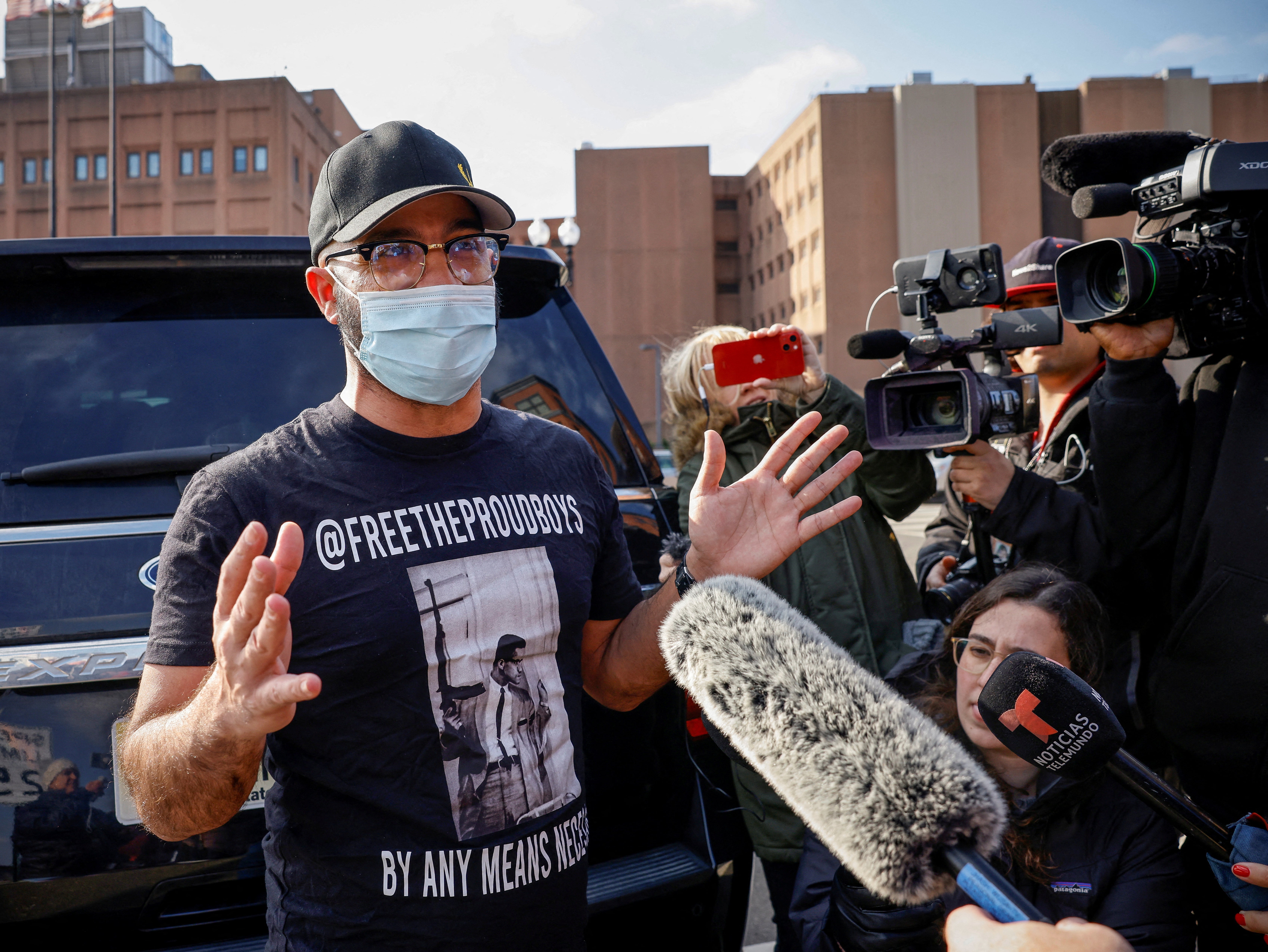 Proud Boys leader Enrique Tarrio speaks to the media following his release from the D.C. Central Detention Facility where he had been held since September 2021, in Washington, U.S., January 14, 2022