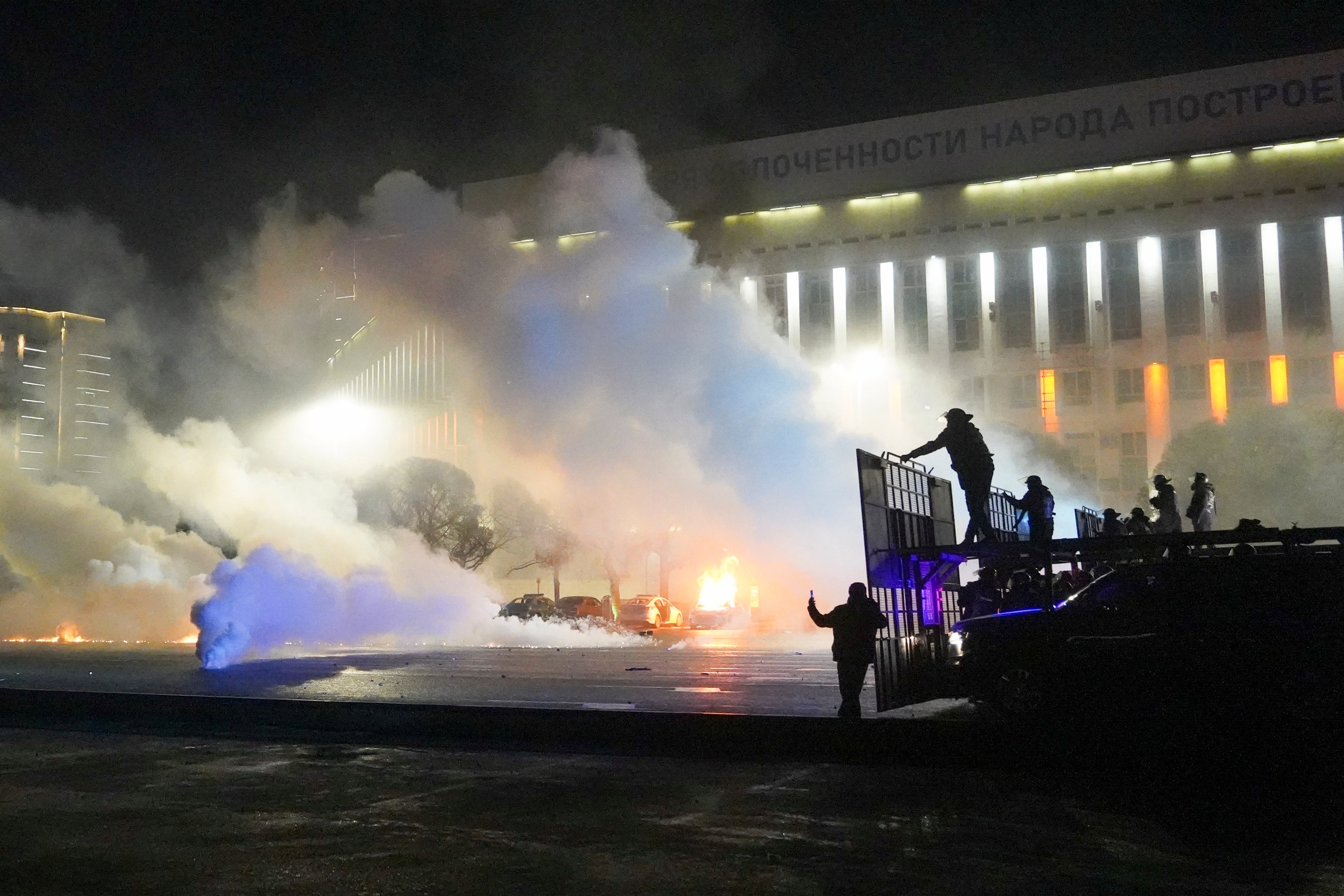 File. Riot police prepare to block protestors in the centre of Almaty, Kazakhstan on 5 January 2022