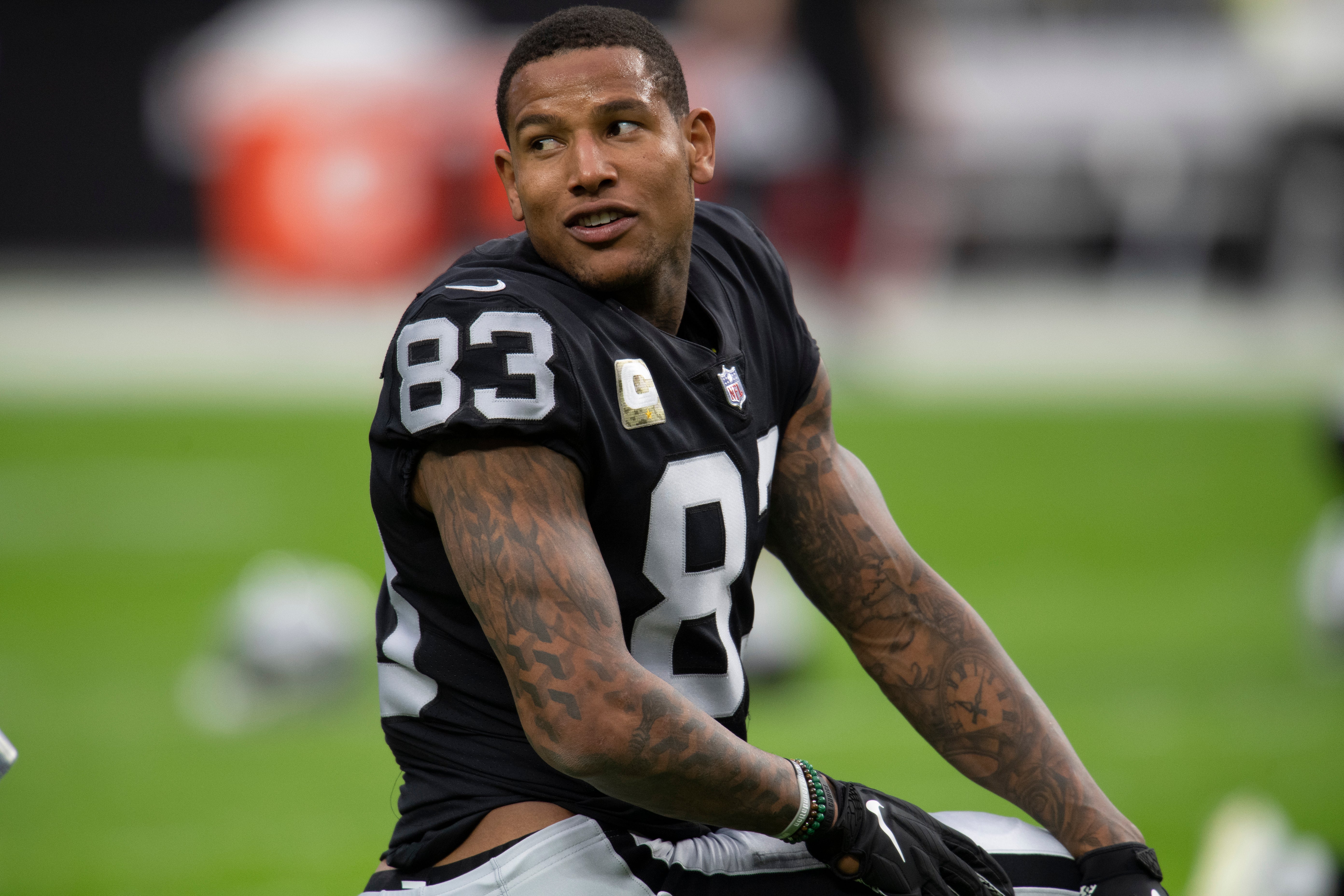 Las Vegas Raiders tight end Darren Waller looks on before playing the Cincinnati Bengals