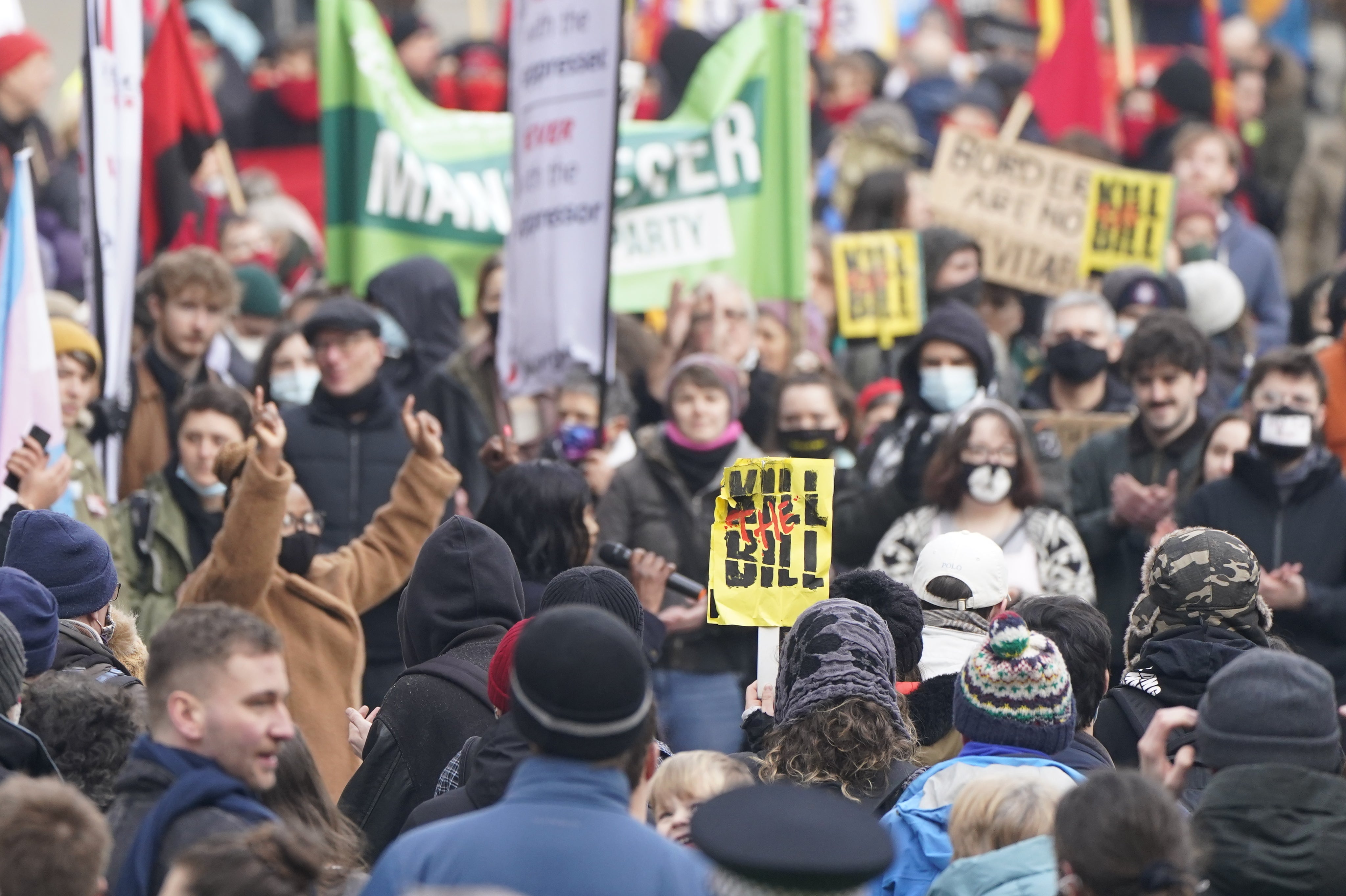 Demonstrators during a ‘Kill The Bill’ protest against The Police, Crime, Sentencing and Courts Bill in Manchester city centre (Danny Lawson/PA)