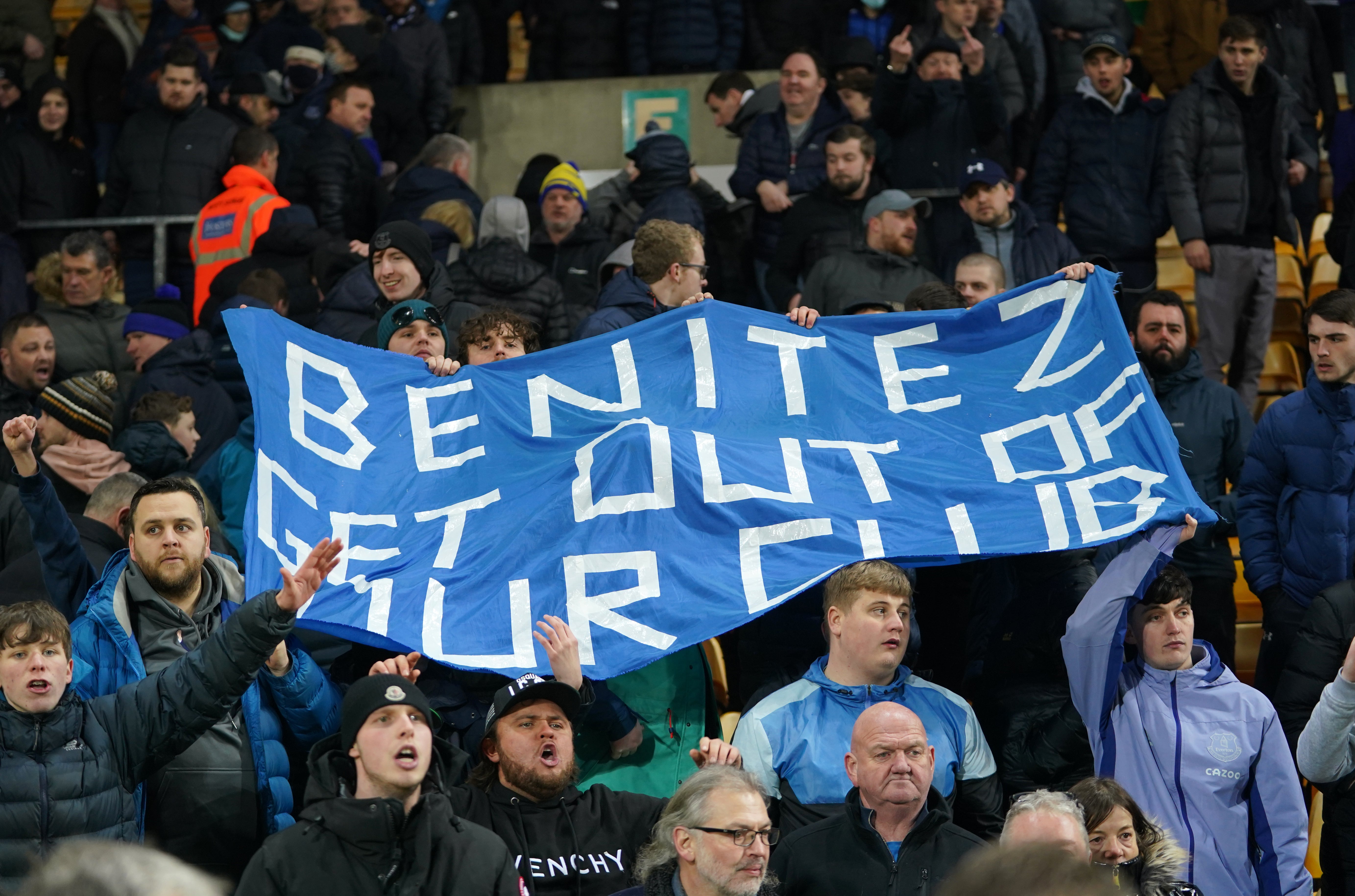 Everton fans hold a protest banner against manager Rafael Benitez (Joe Giddens/PA)