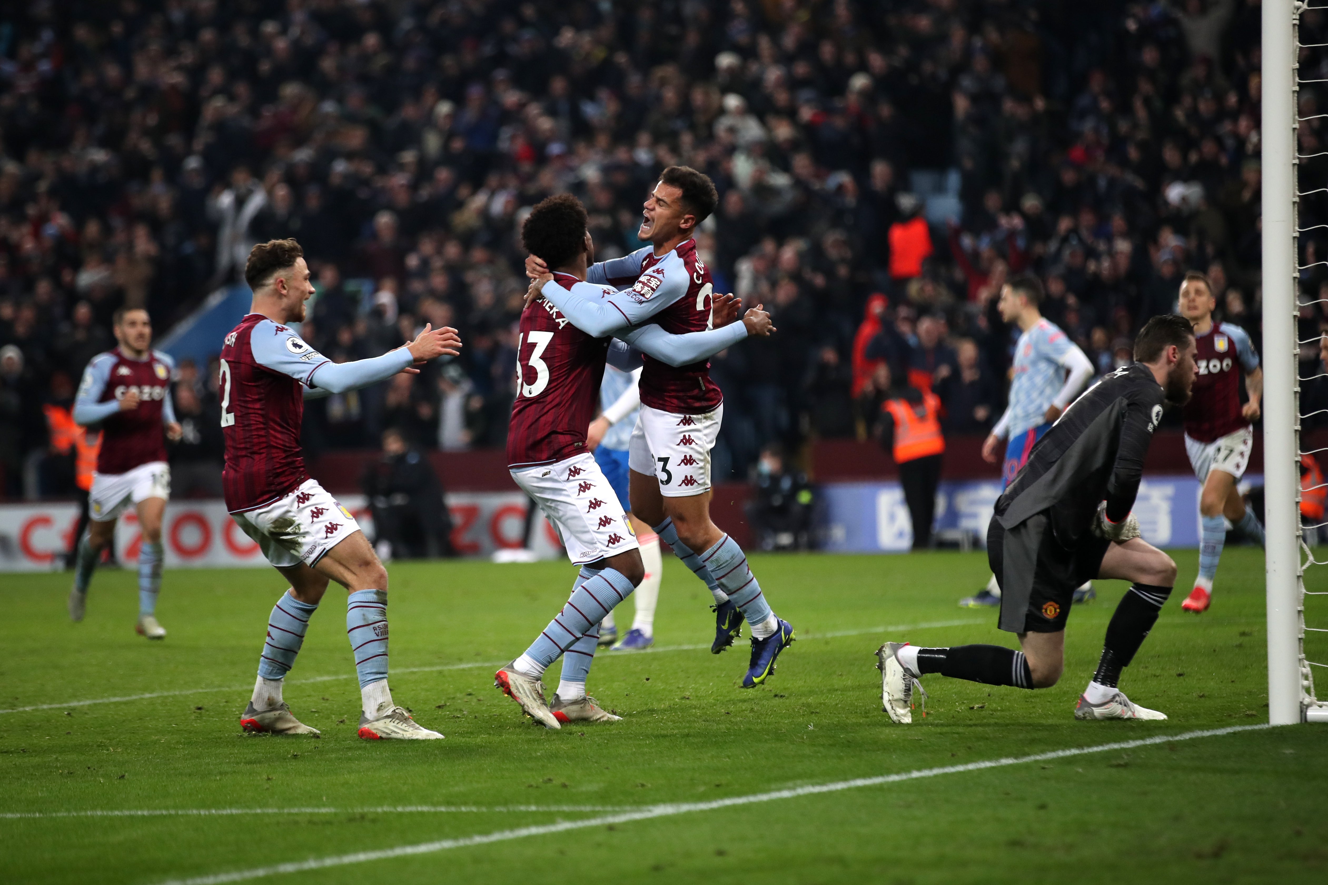 Philippe Coutinho is mobbed after an Aston Villa comeback stuns Manchester United