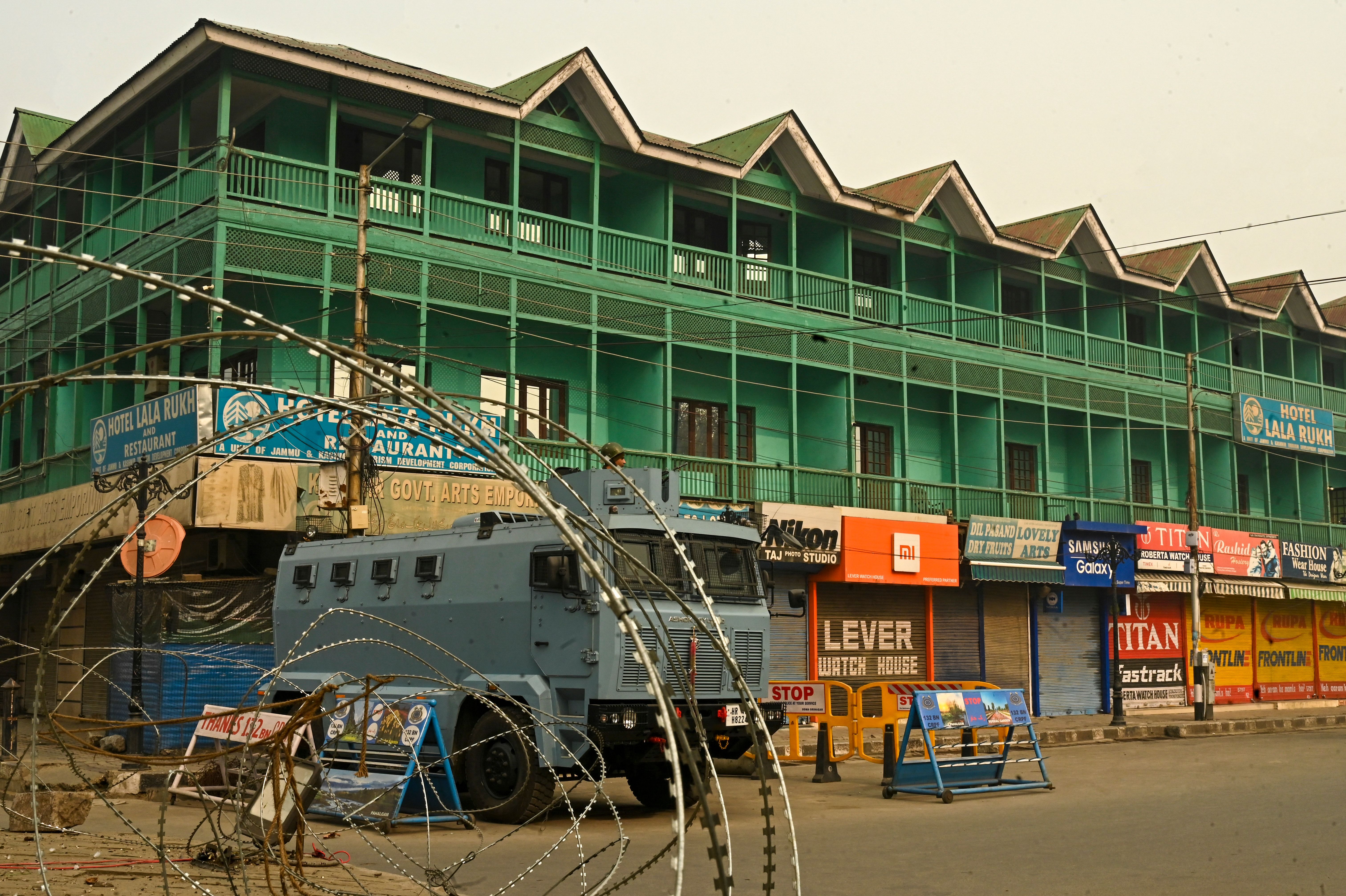 An armoured vehicle patrols a street in Srinagar, Jammu and Kashmir, last November