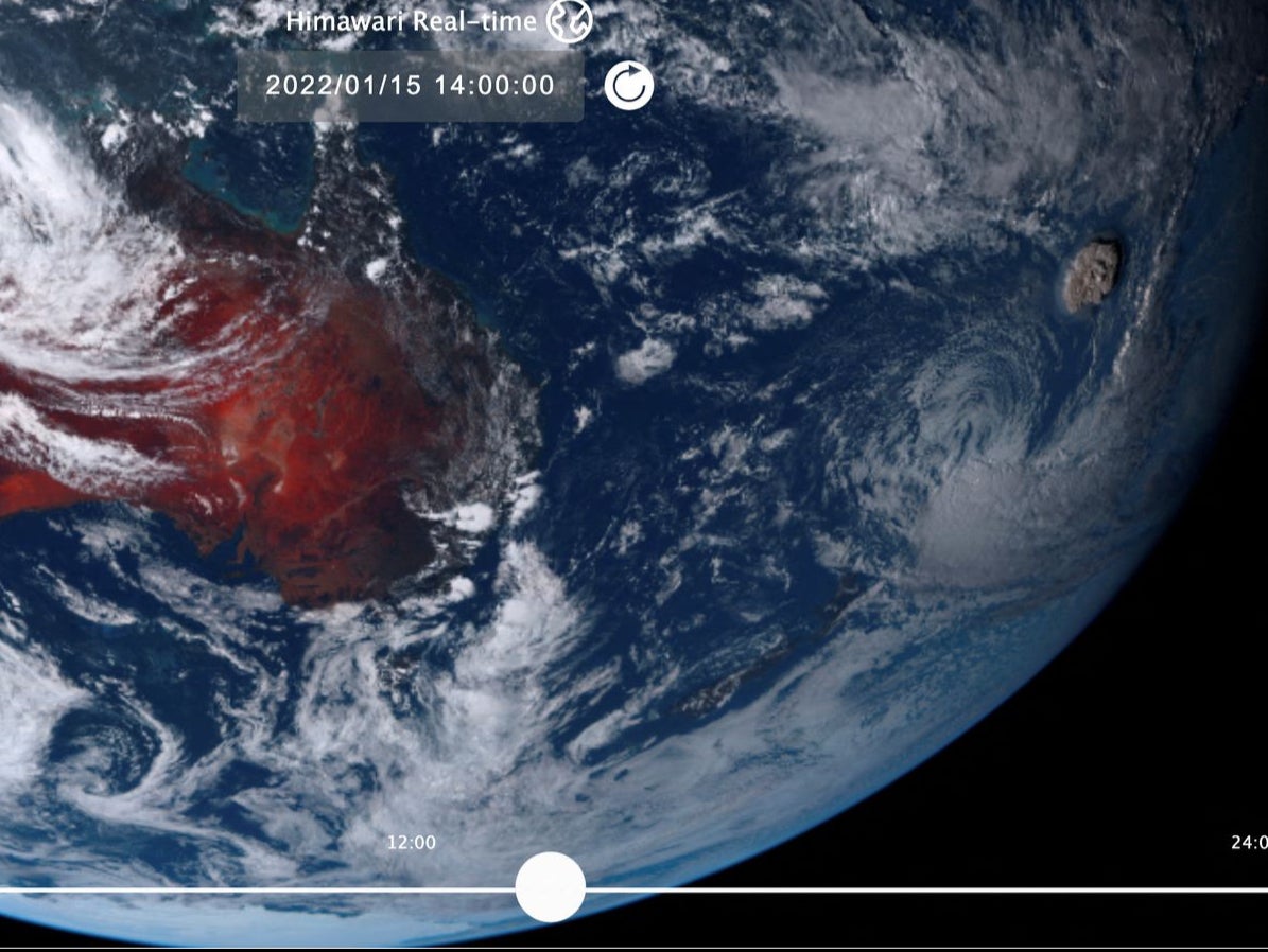 A plume rises over Tonga, right, as seen by Japanese weather satellite Himawari-8