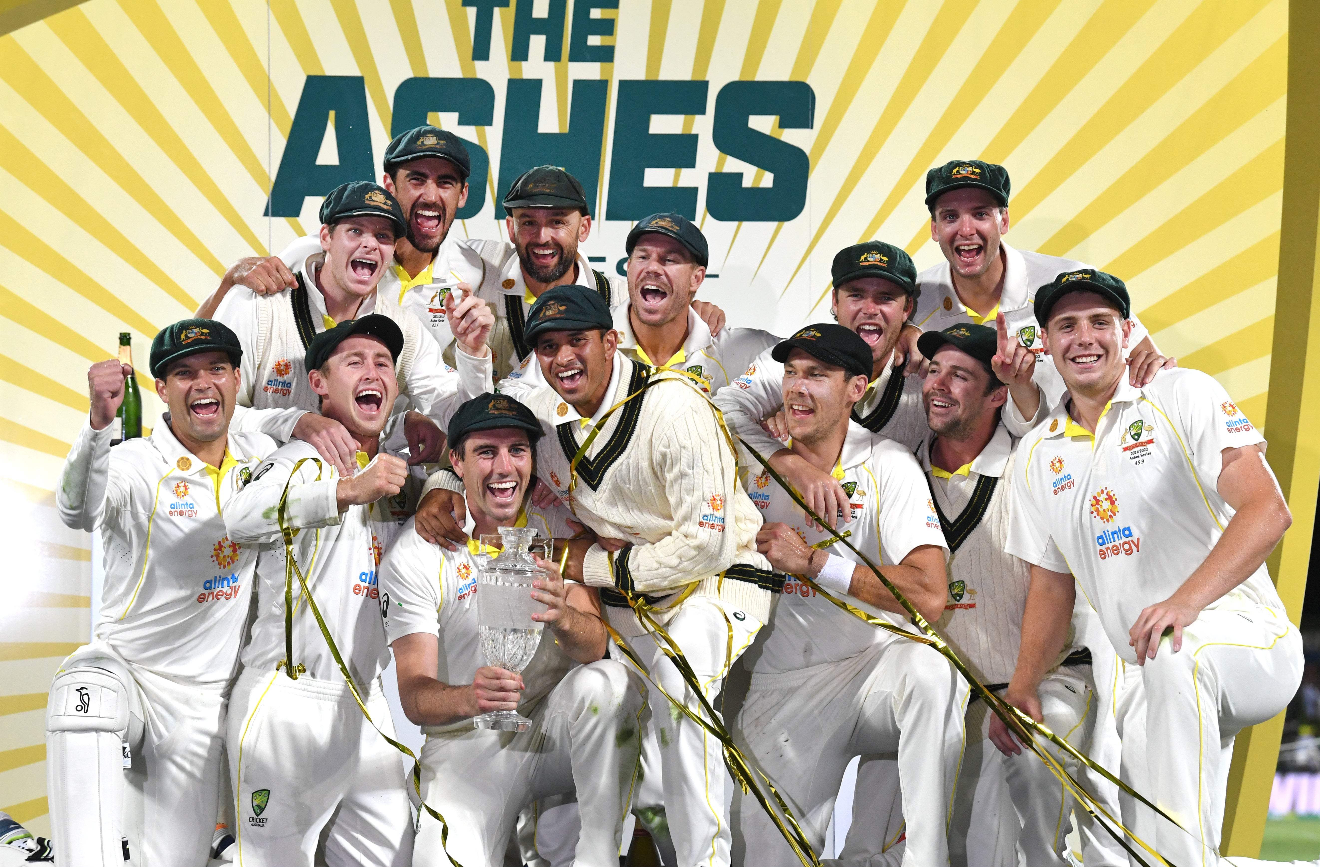 Australia celebrate their 4-0 Ashes series win over England after winning the fifth Test at Hobart (Darren England via AAP)