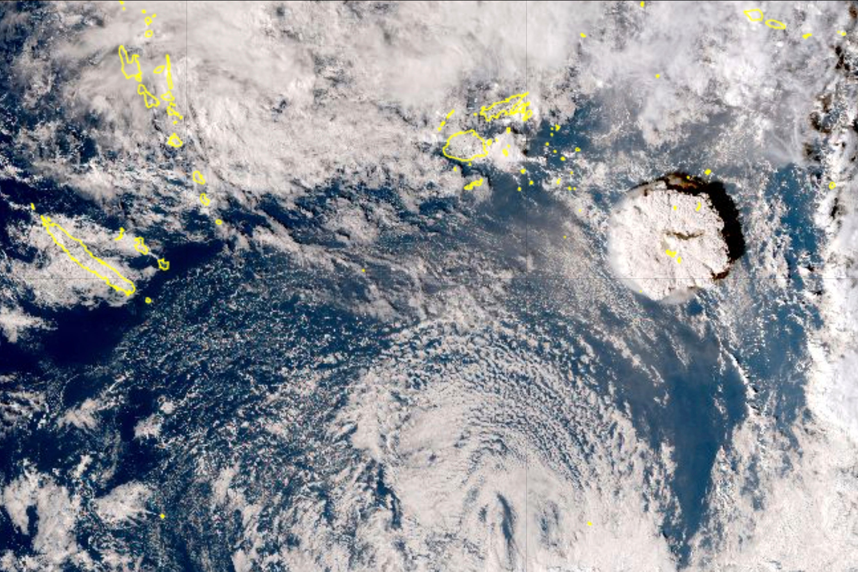 This satellite image taken by Himawari-8, a Japanese weather satellite, shows an undersea volcano eruption at the Pacific nation of Tonga (AP/Press Association Images)