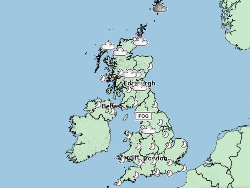 There will be clear skies across most parts of the UK on Monday evening, according to the Met Office’s weather forecast