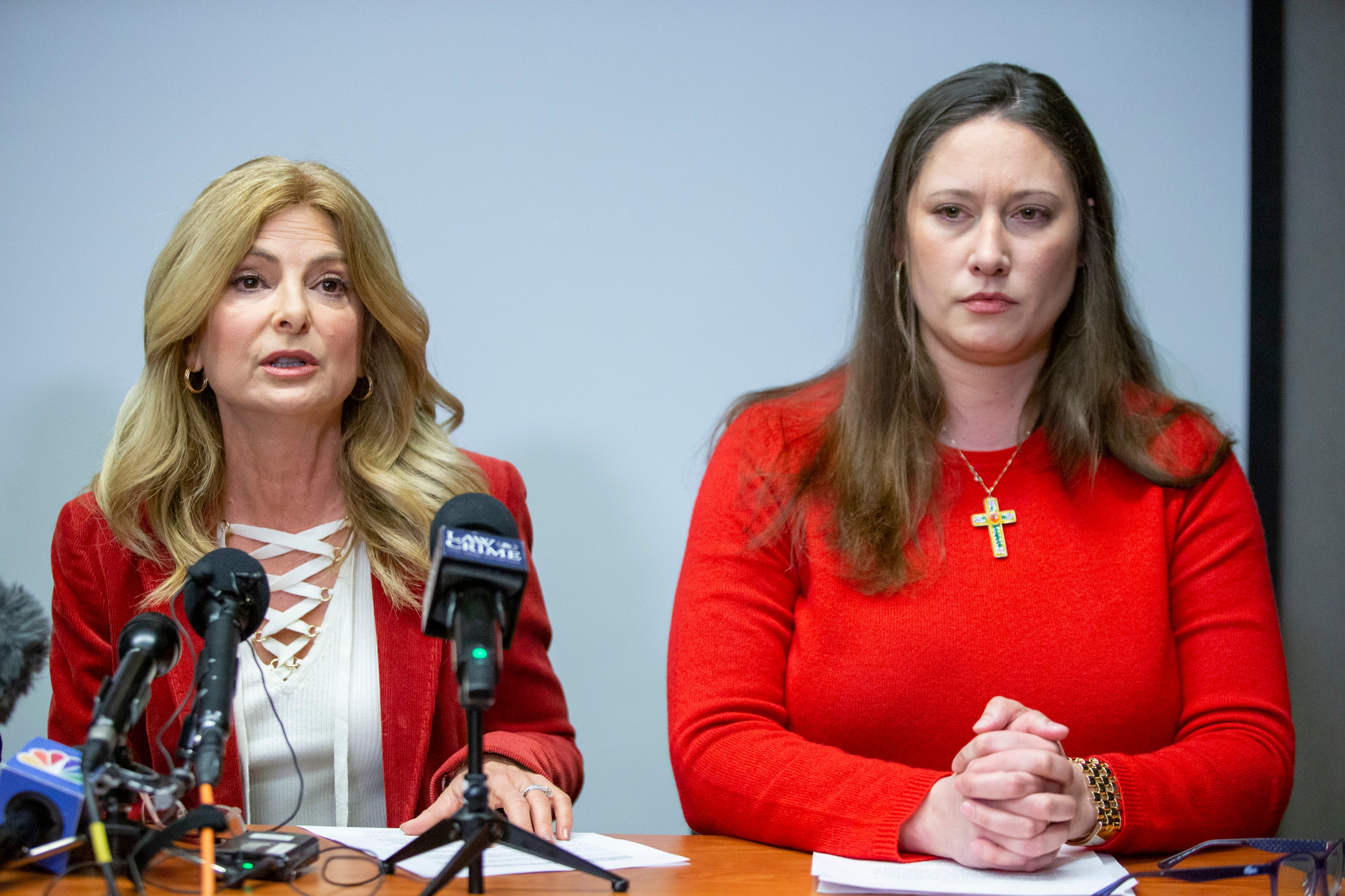 Lisa Bloom and her client Kiki, who alleges sexual assault by the late Jeffrey Epstein, speak at a press conference on 5 February 2020