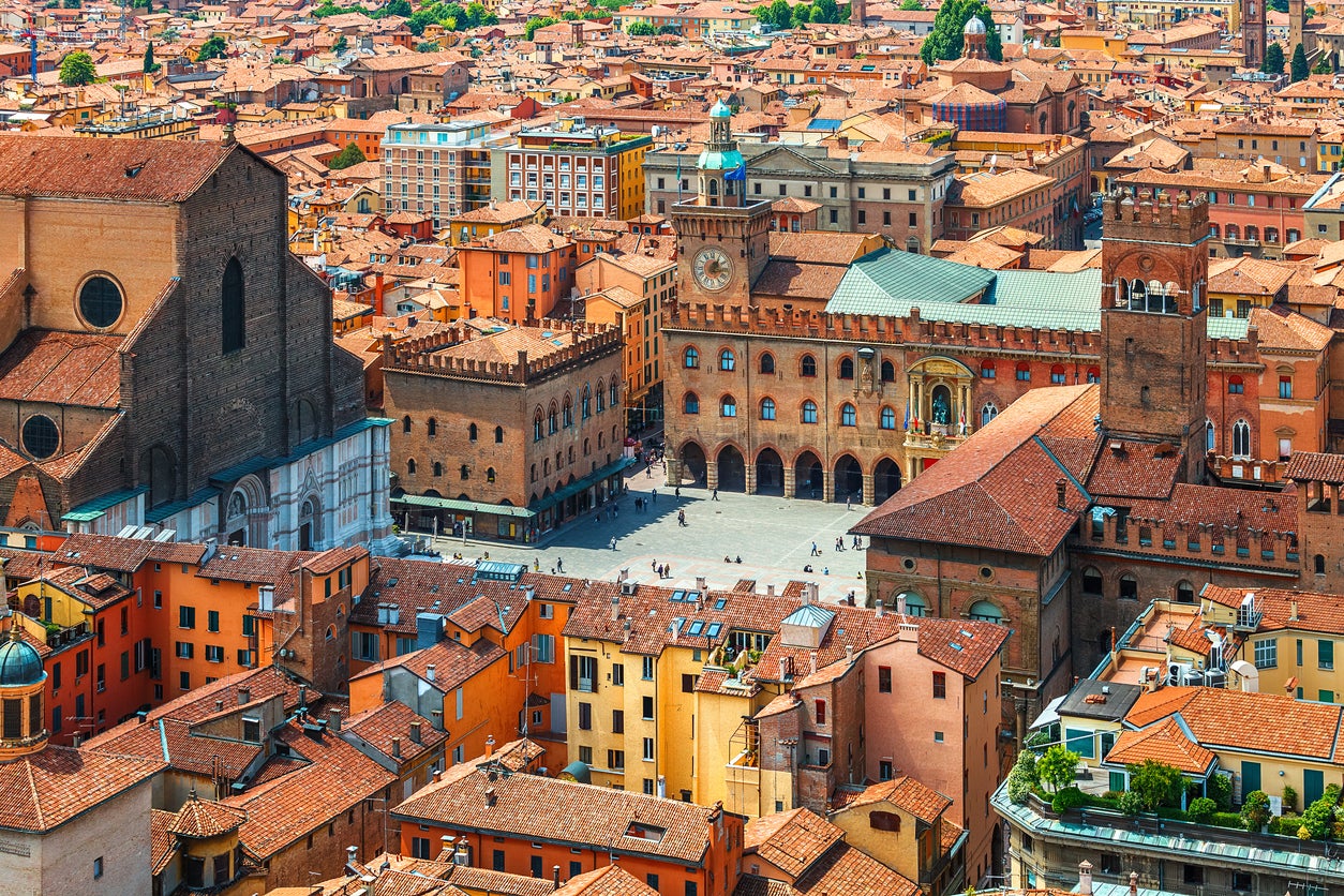 Bologna’s Piazza Maggiore from above