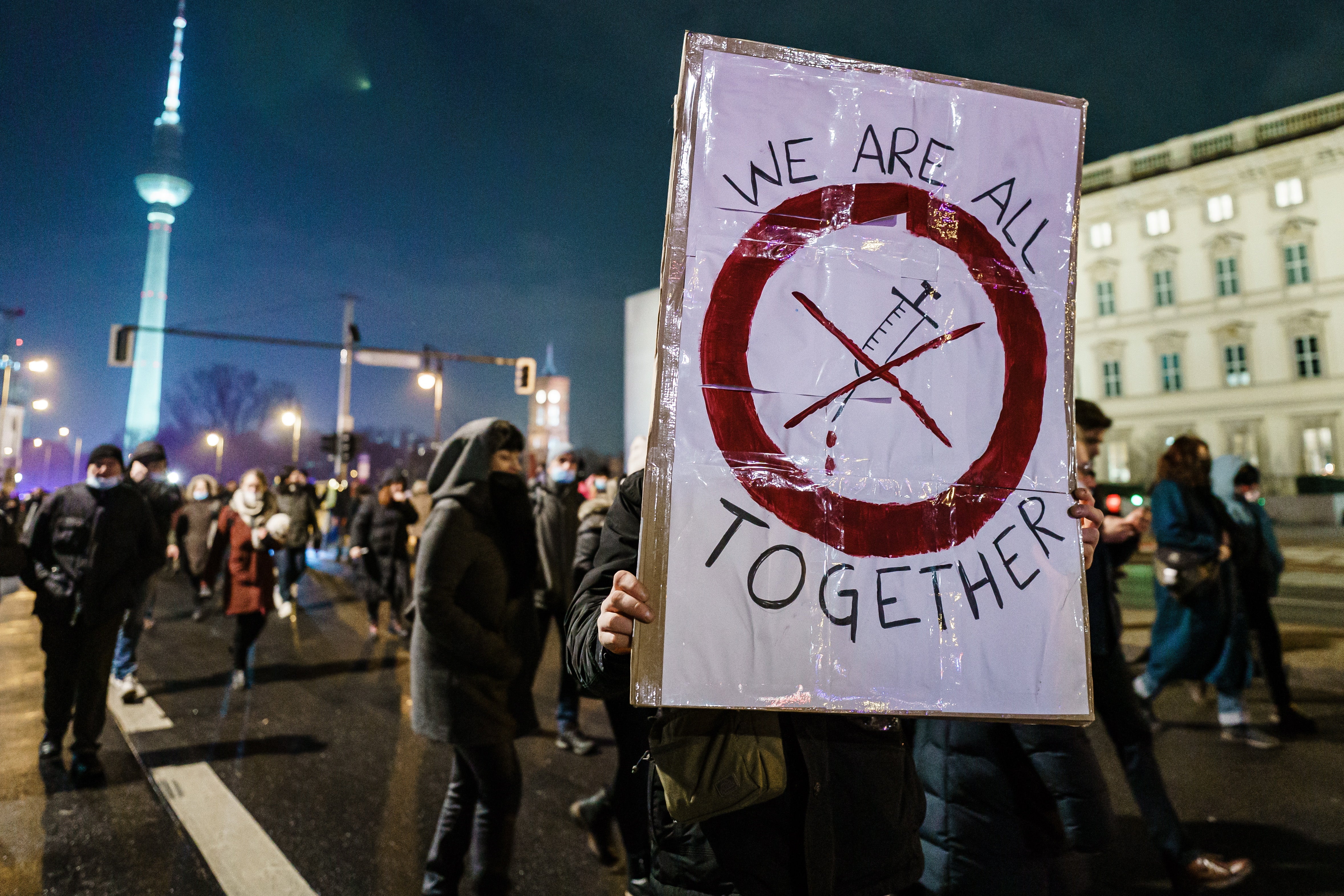 Demonstrators on a so-called ‘Walk Demo’ protest against anti-Covid measures in Berlin