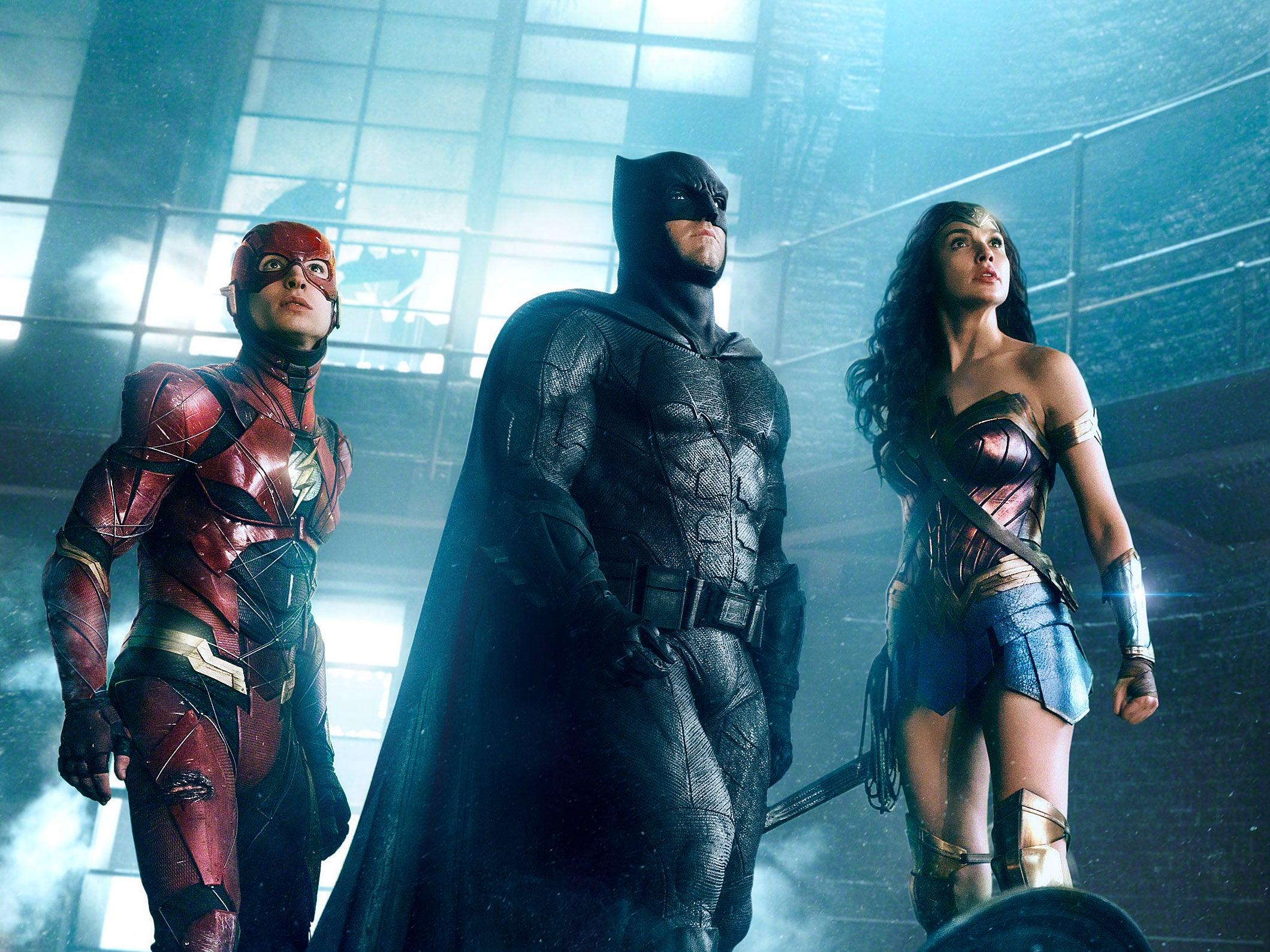 Ezra Miller, Ben Affleck and Gal Gadot in ‘Justice League'