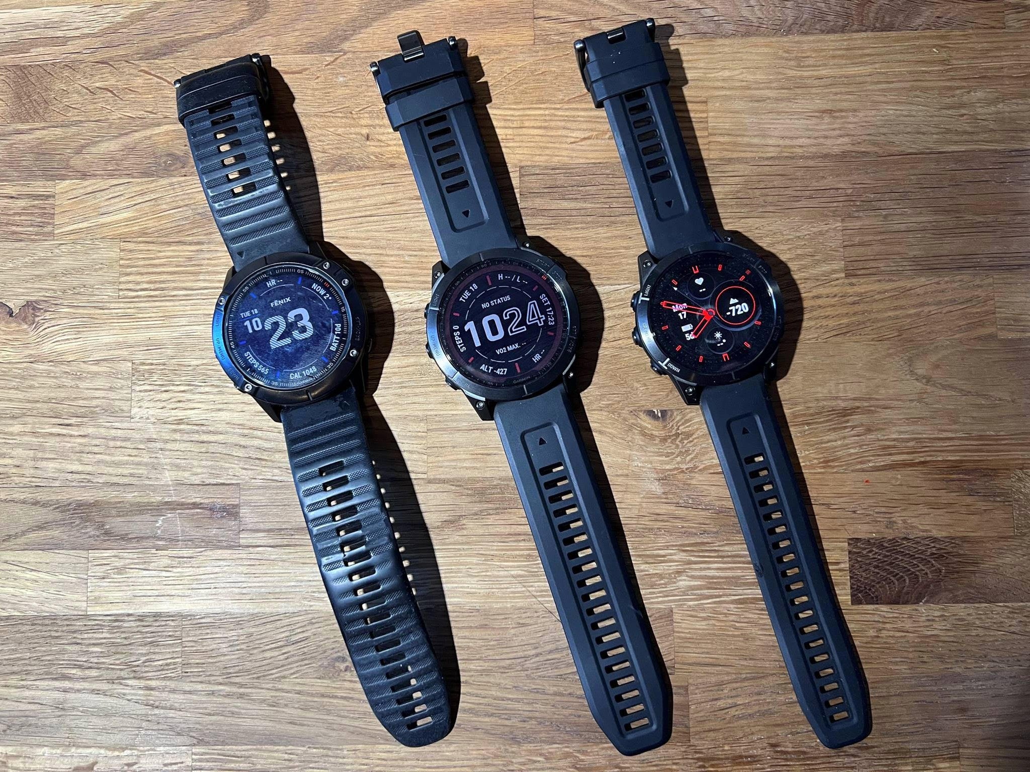 The fenix 6X, the fenix 7 and the epix, side by side